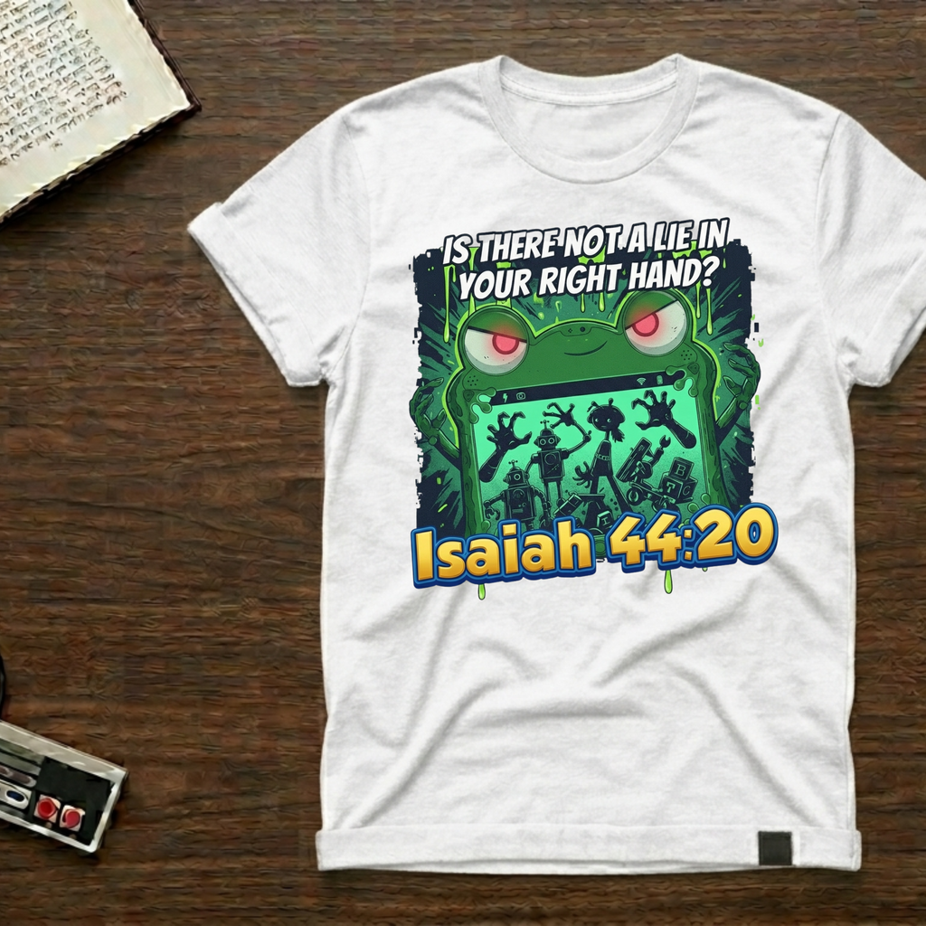 Biblical Frog Design T-Shirt — “Is There Not a Lie in Your Right Hand? Isaiah 44:20”