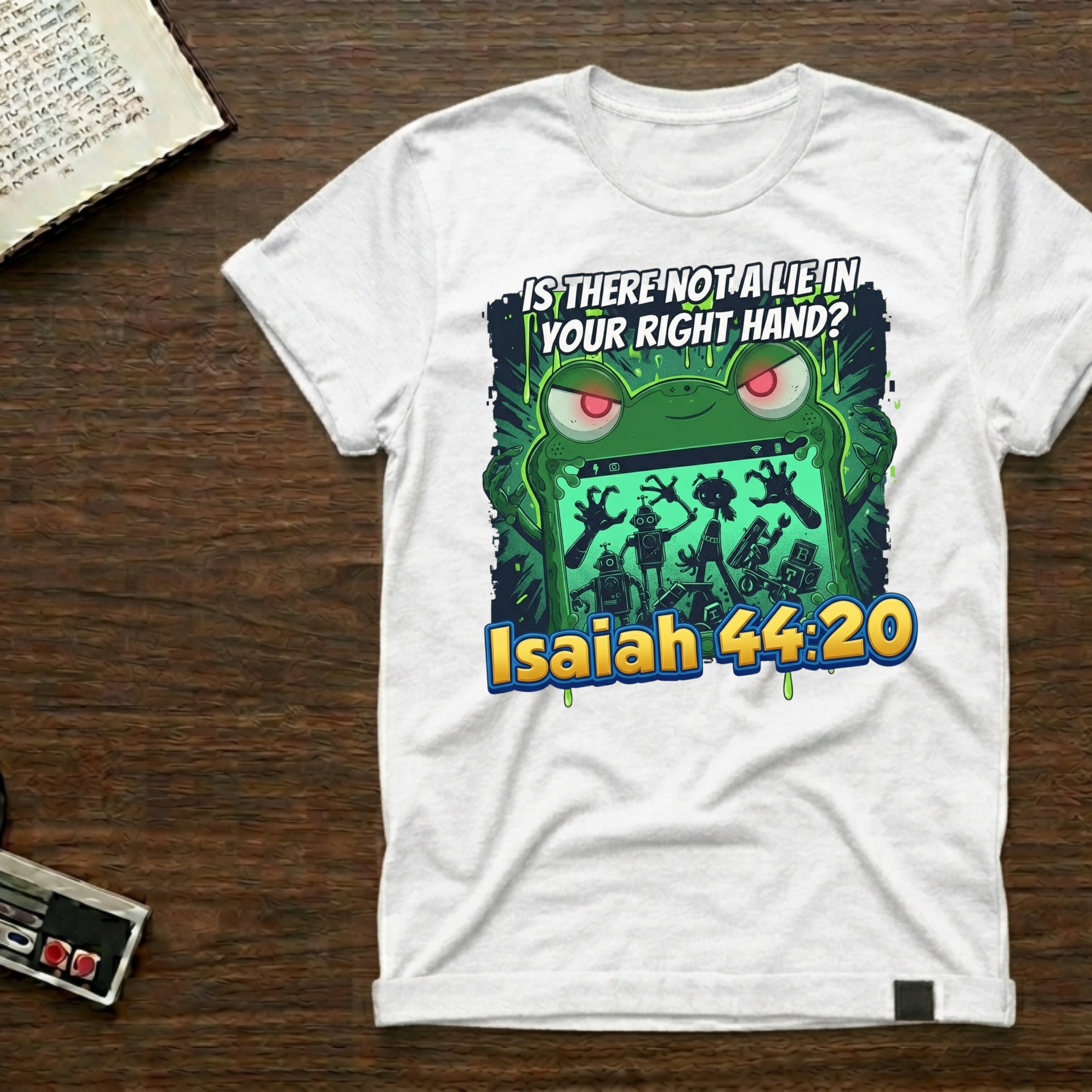Biblical Frog Design T-Shirt — “Is There Not a Lie in Your Right Hand? Isaiah 44:20”