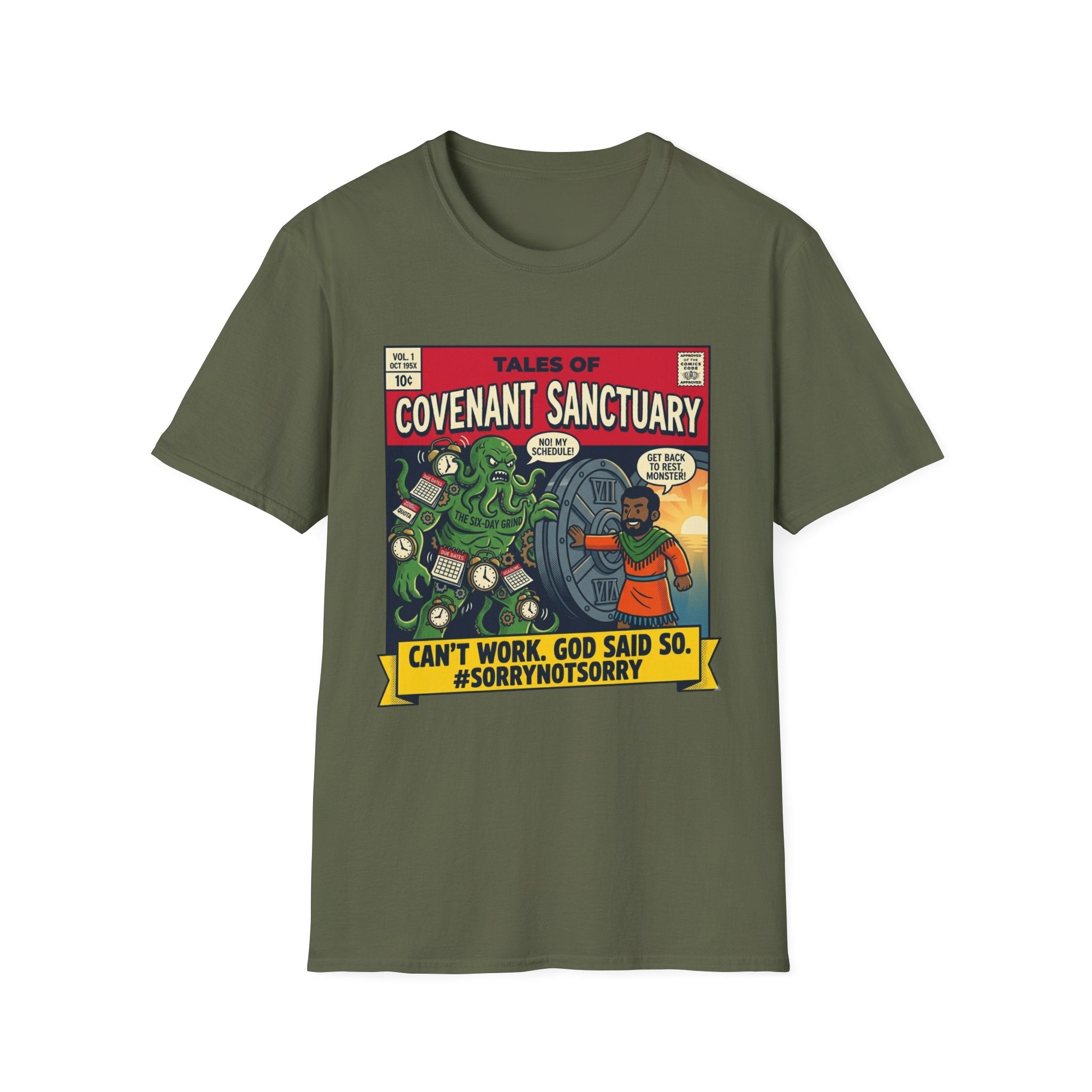 Covenant Sanctuary Comic Tee – "Can't Work, God Said So" Retro Graphic T-Shirt