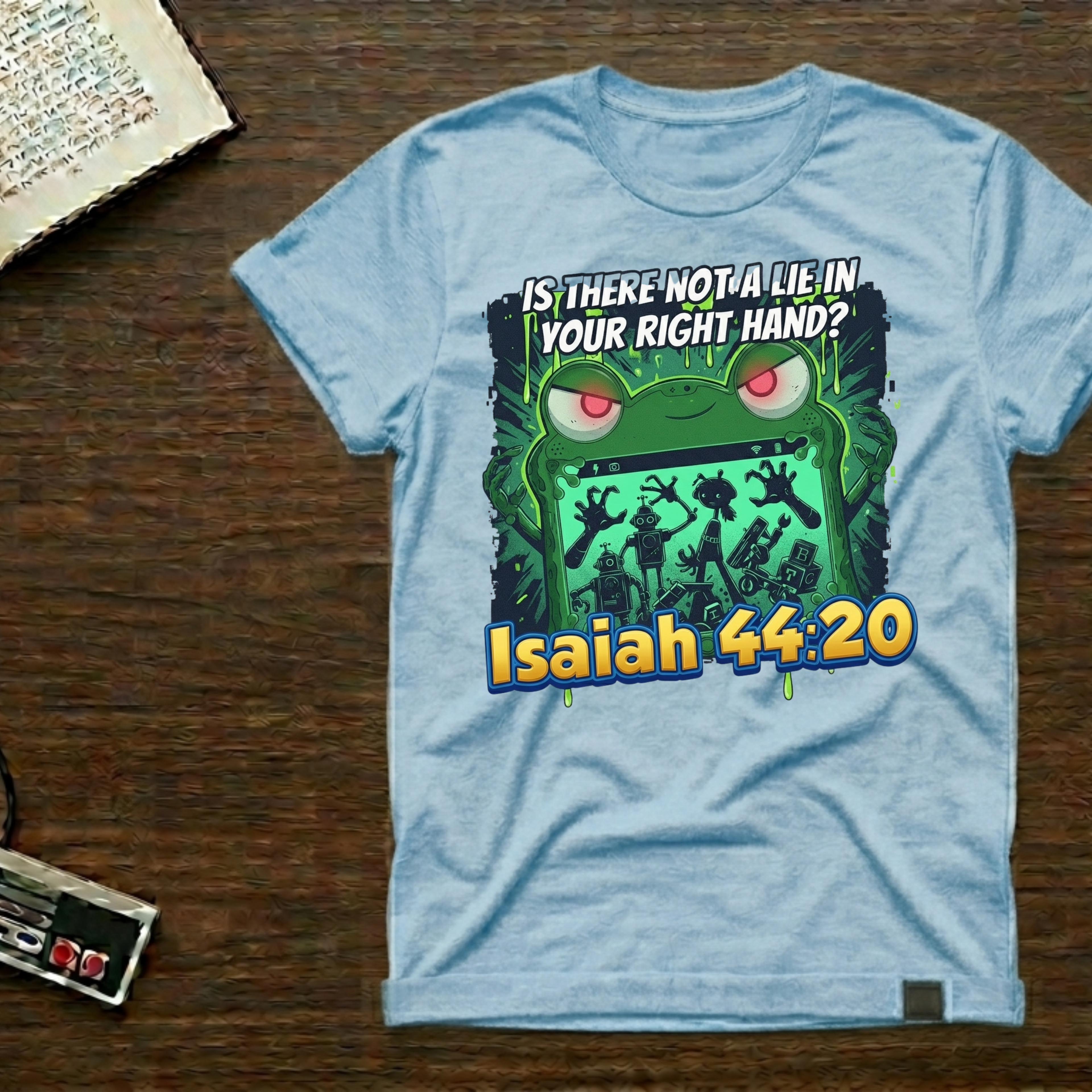 Biblical Frog Design T-Shirt — “Is There Not a Lie in Your Right Hand? Isaiah 44:20”