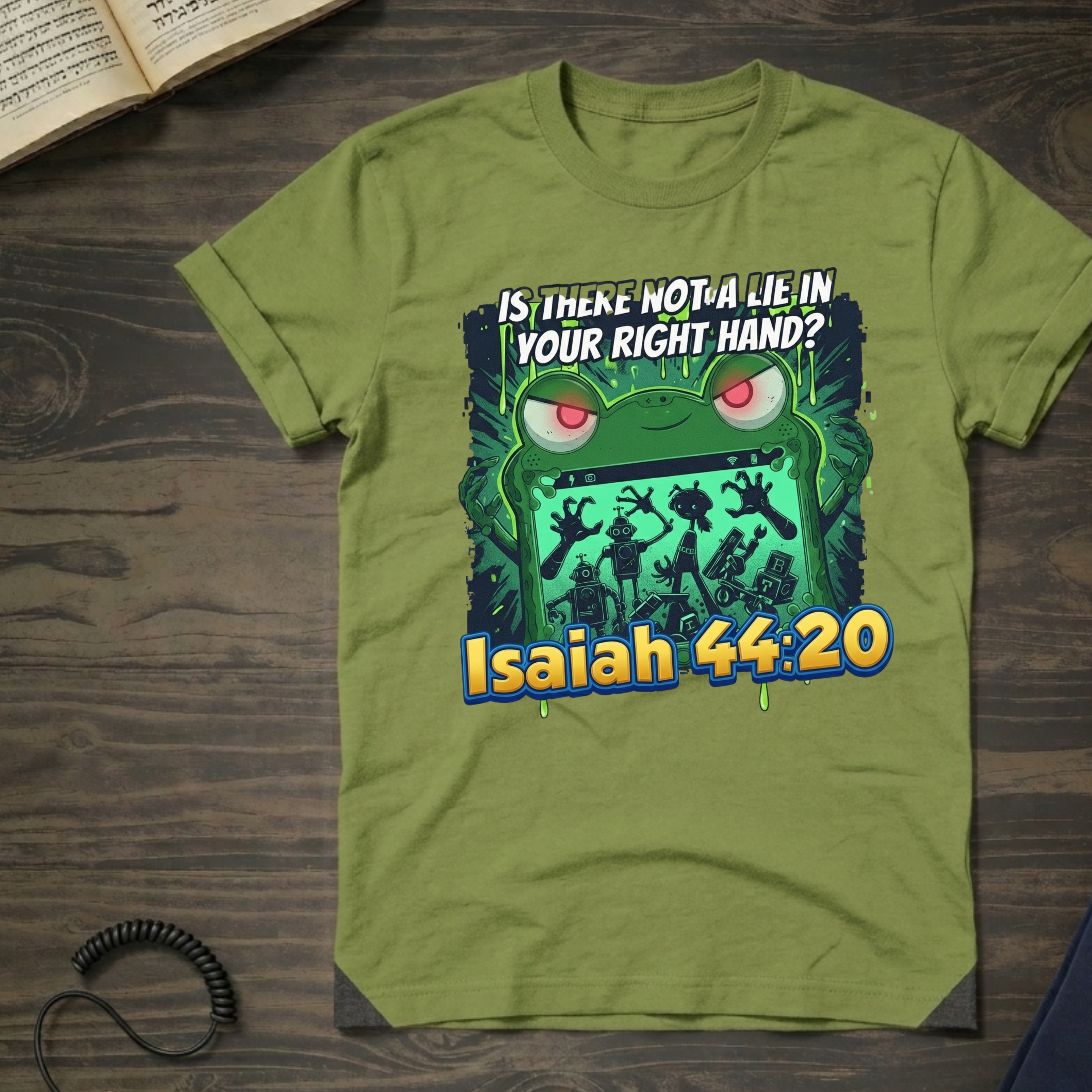 Biblical Frog Design T-Shirt — “Is There Not a Lie in Your Right Hand? Isaiah 44:20”