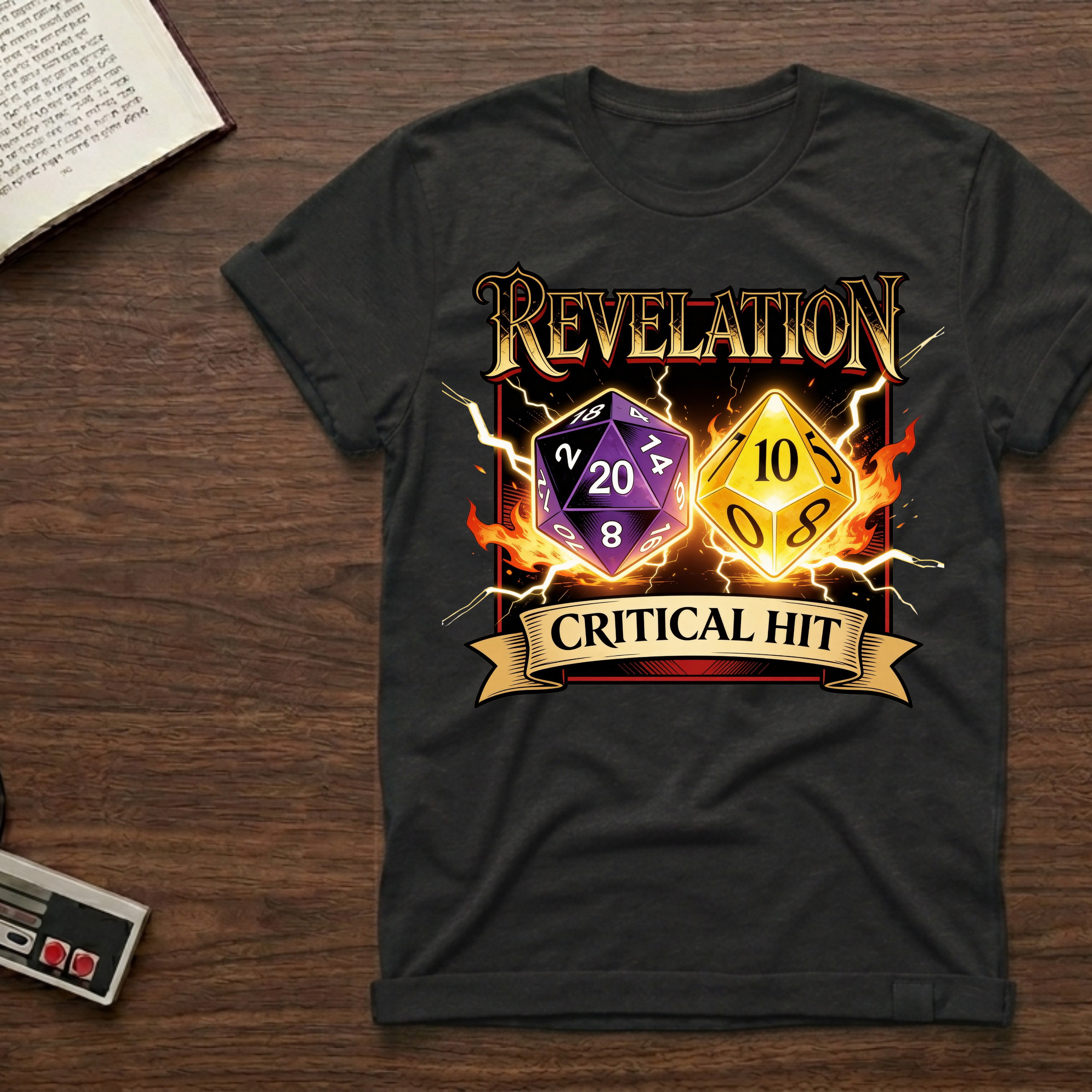 RPG 'Revelation' Critical Hit T-Shirt — D20 & D10 Dice Gaming Tee
