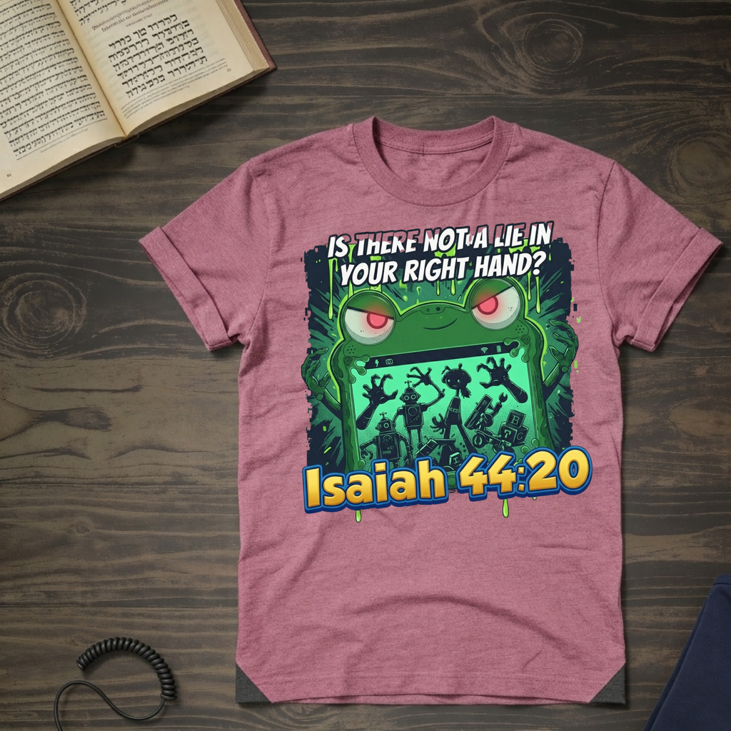 Biblical Frog Design T-Shirt — “Is There Not a Lie in Your Right Hand? Isaiah 44:20”