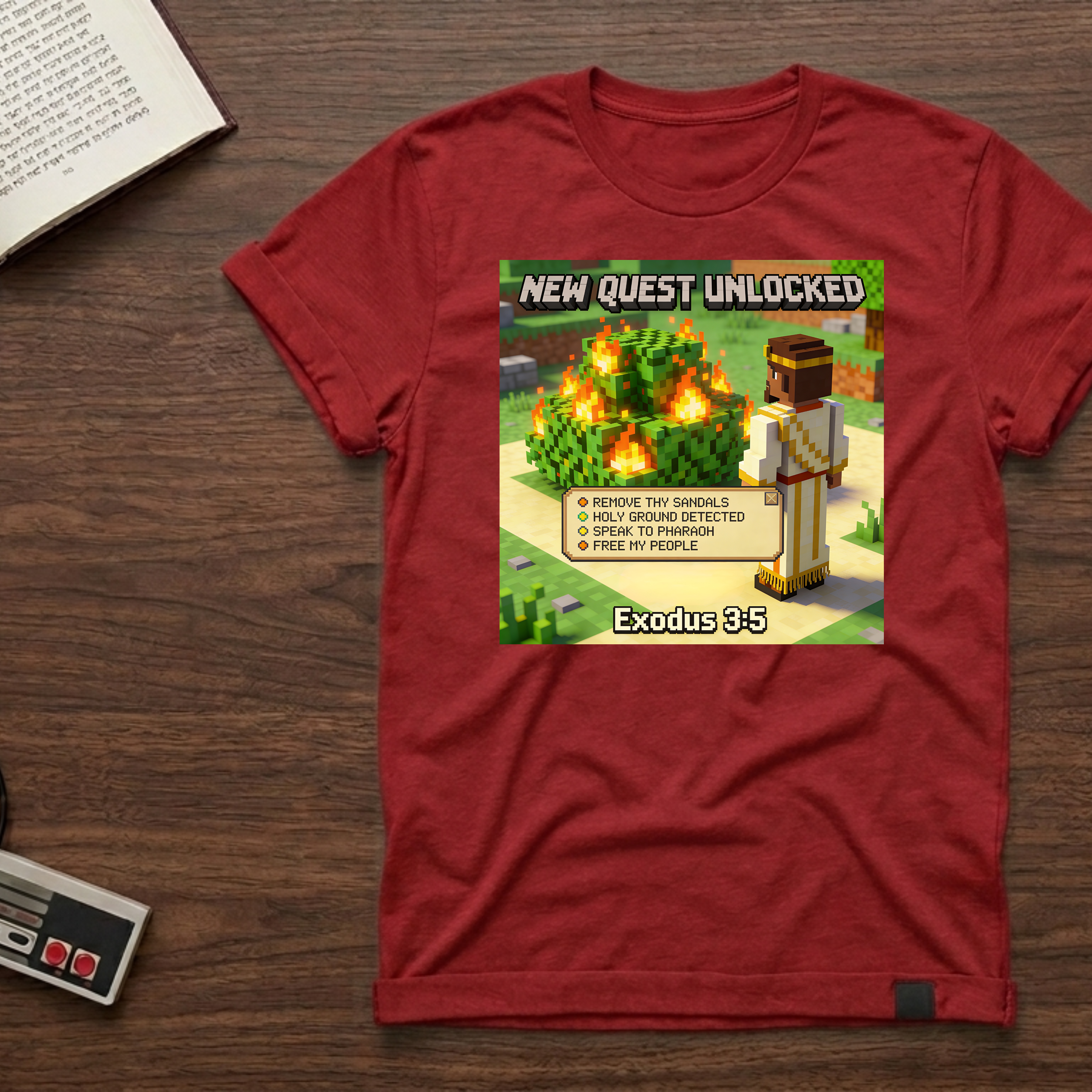 Minecraft-Inspired 'New Quest Unlocked' T-Shirt — Exodus 3:5 Bible Gaming Tee