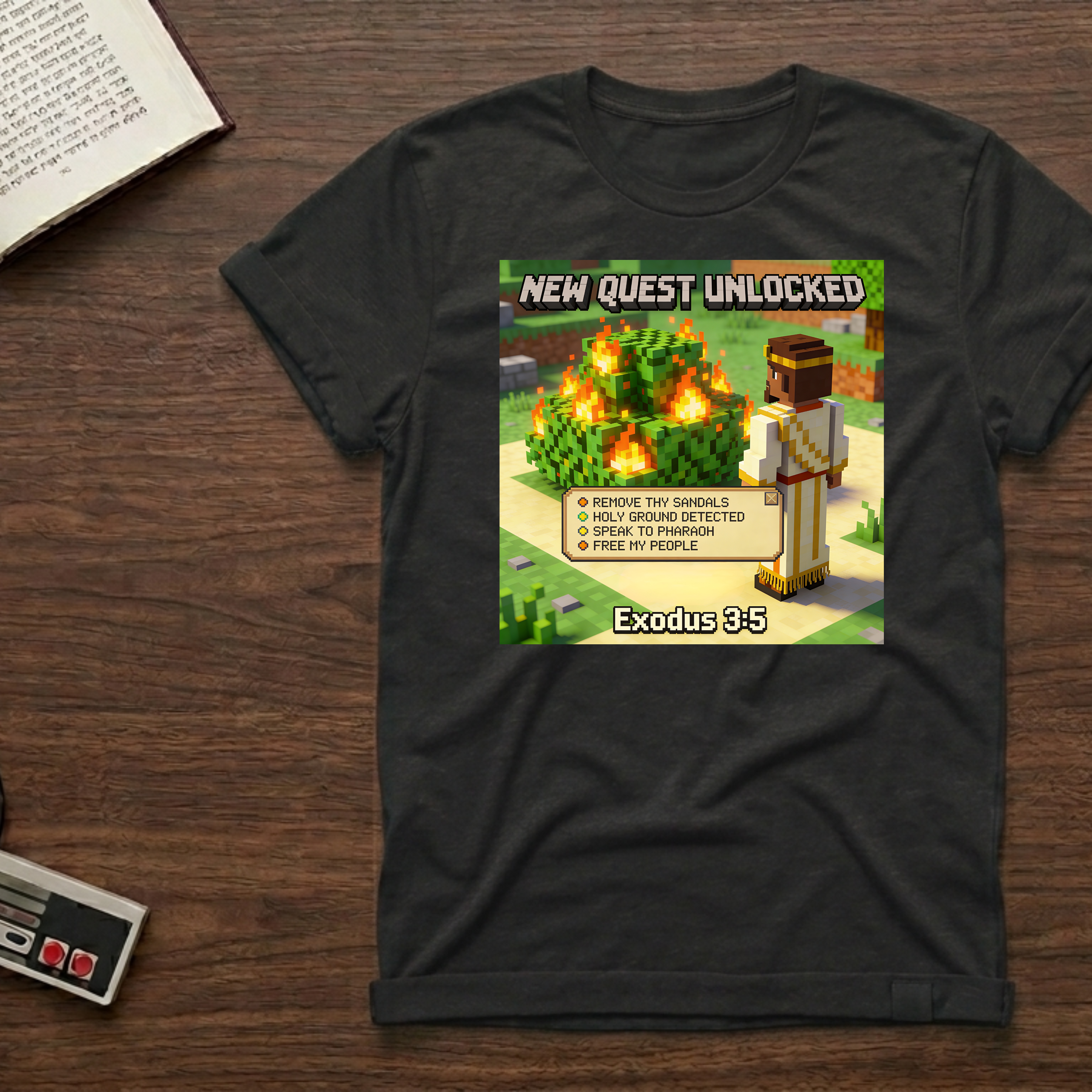 Minecraft-Inspired 'New Quest Unlocked' T-Shirt — Exodus 3:5 Bible Gaming Tee