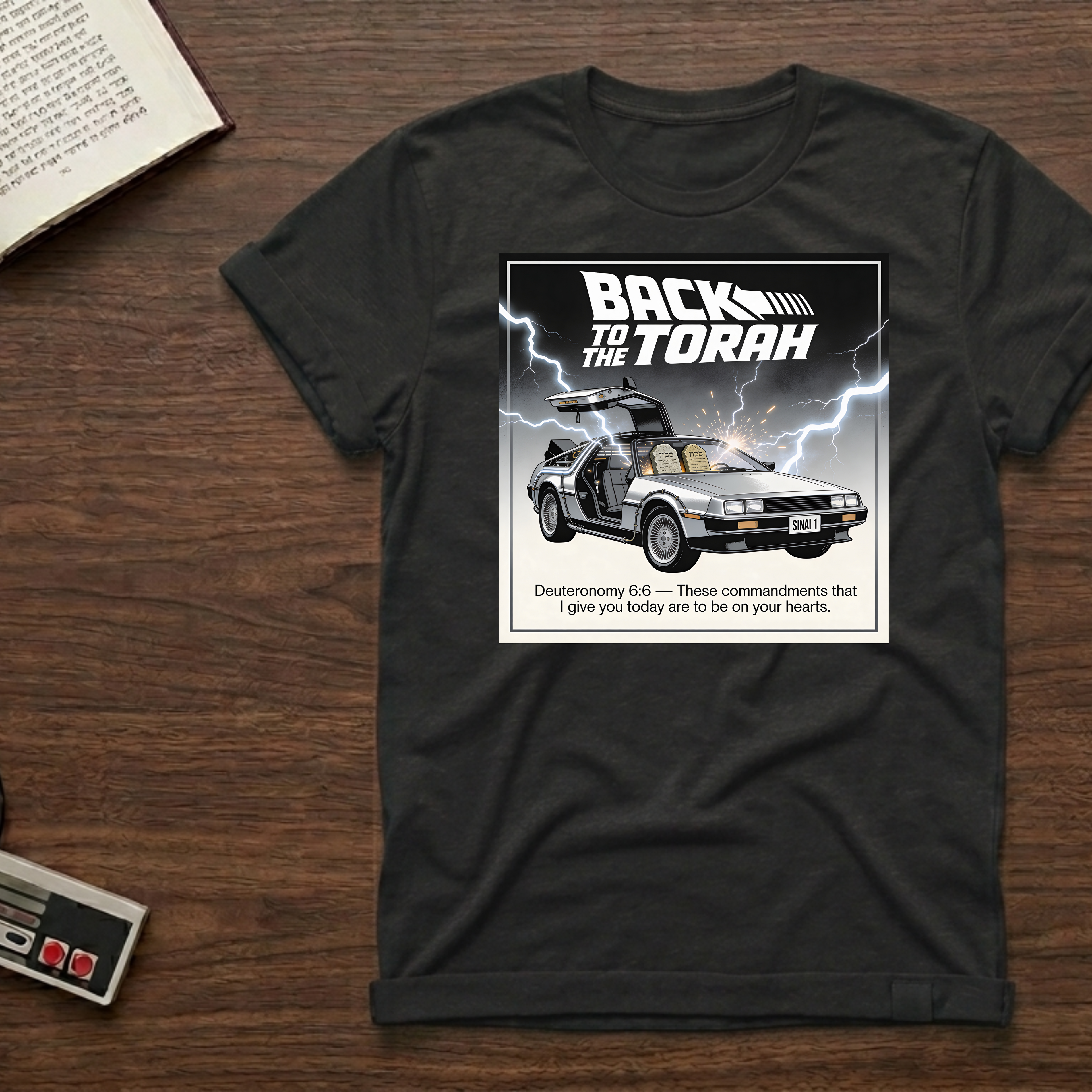 Back to the Torah T-Shirt — Retro DeLorean Scripture Tee