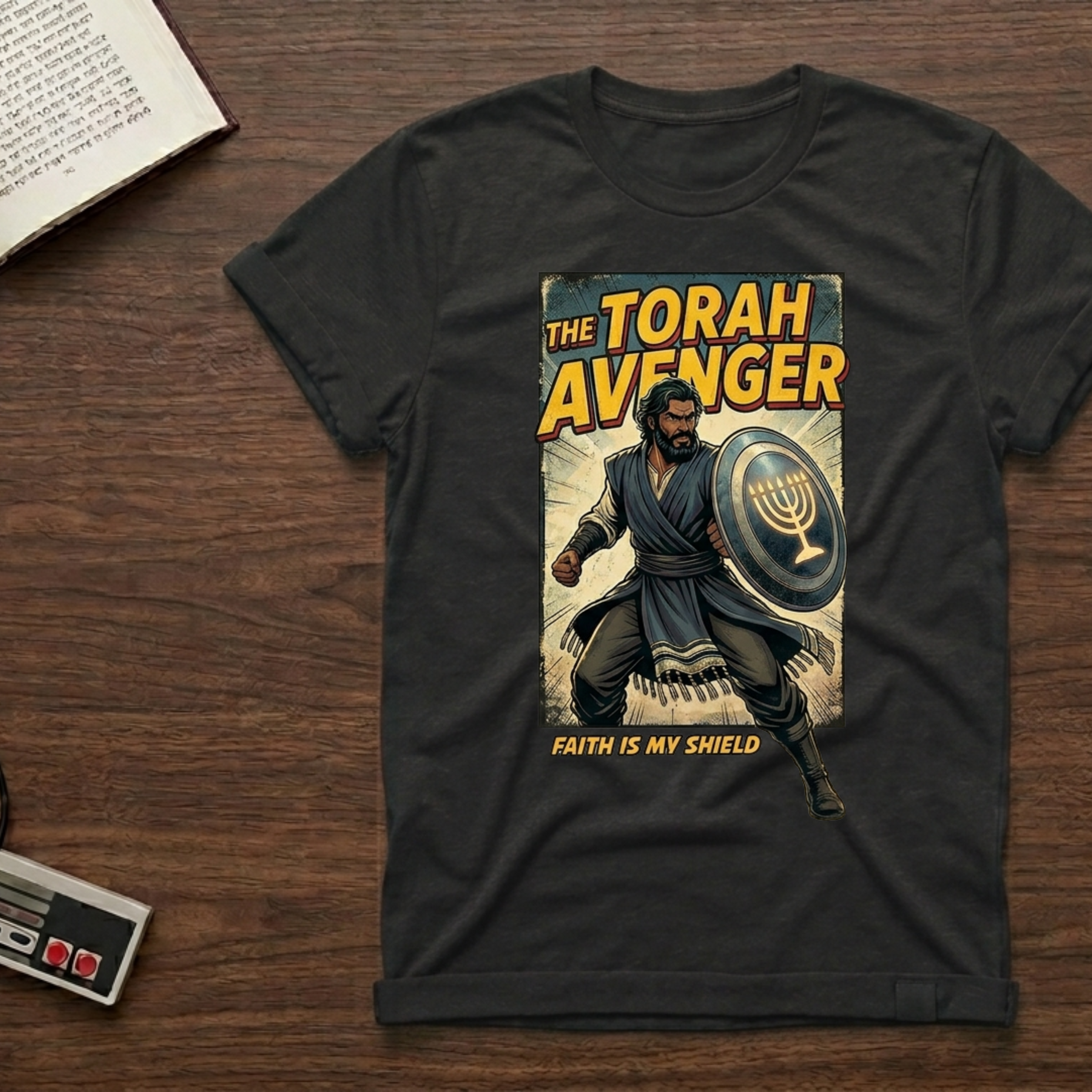 Torah Avenger T-Shirt — Hebrew Superhero Graphic Tee (Menorah Shield)