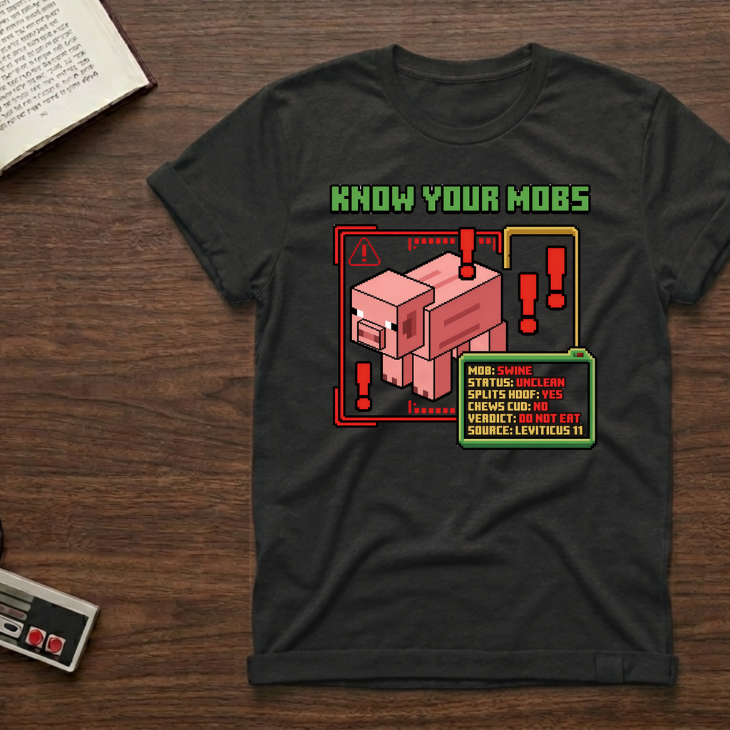 Know Your Mobs T-Shirt — Leviticus 11 Pixel Game Pig Design