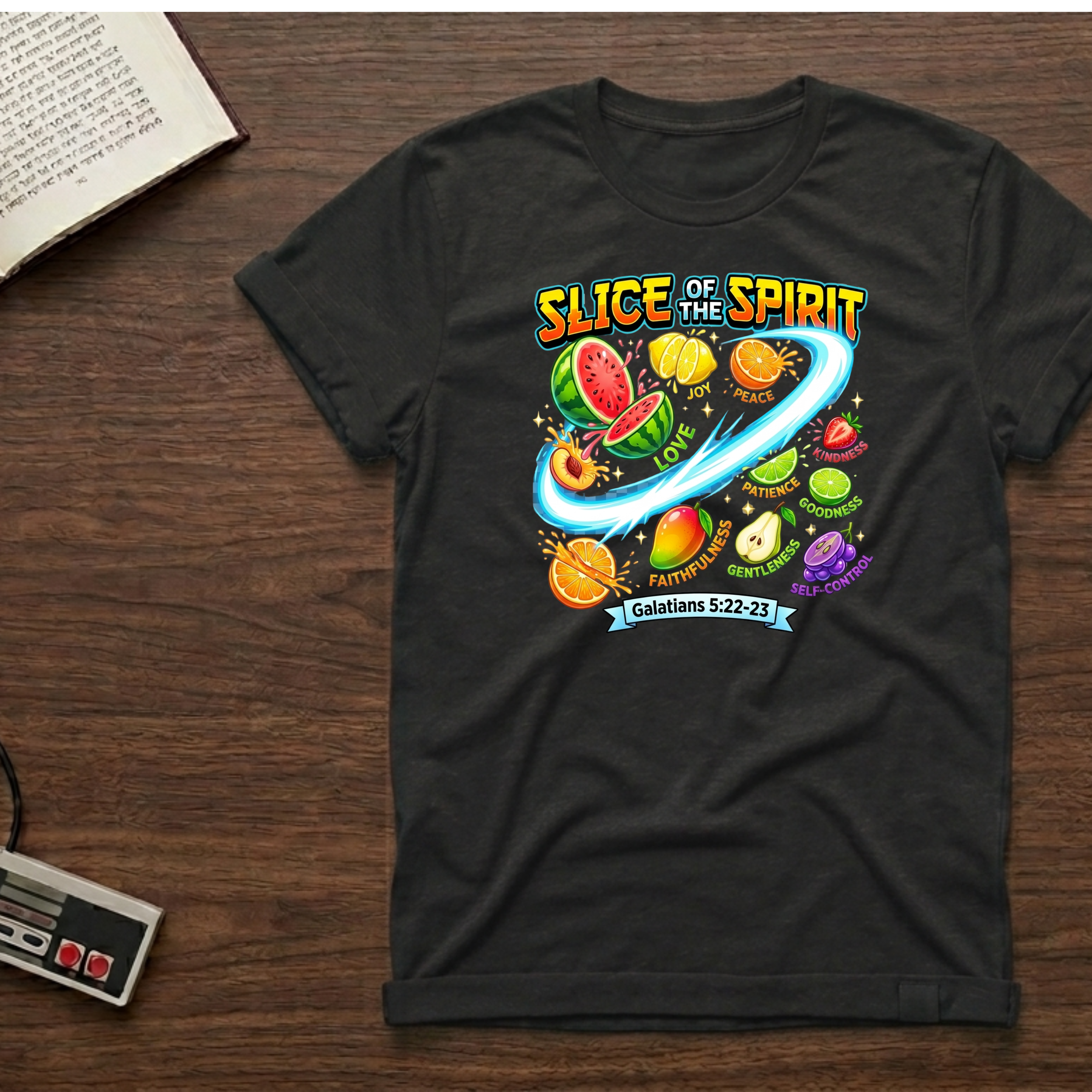 Slice of the Spirit T-Shirt — Colorful Fruit Faith Graphic Tee (Galatians 5:22-23)