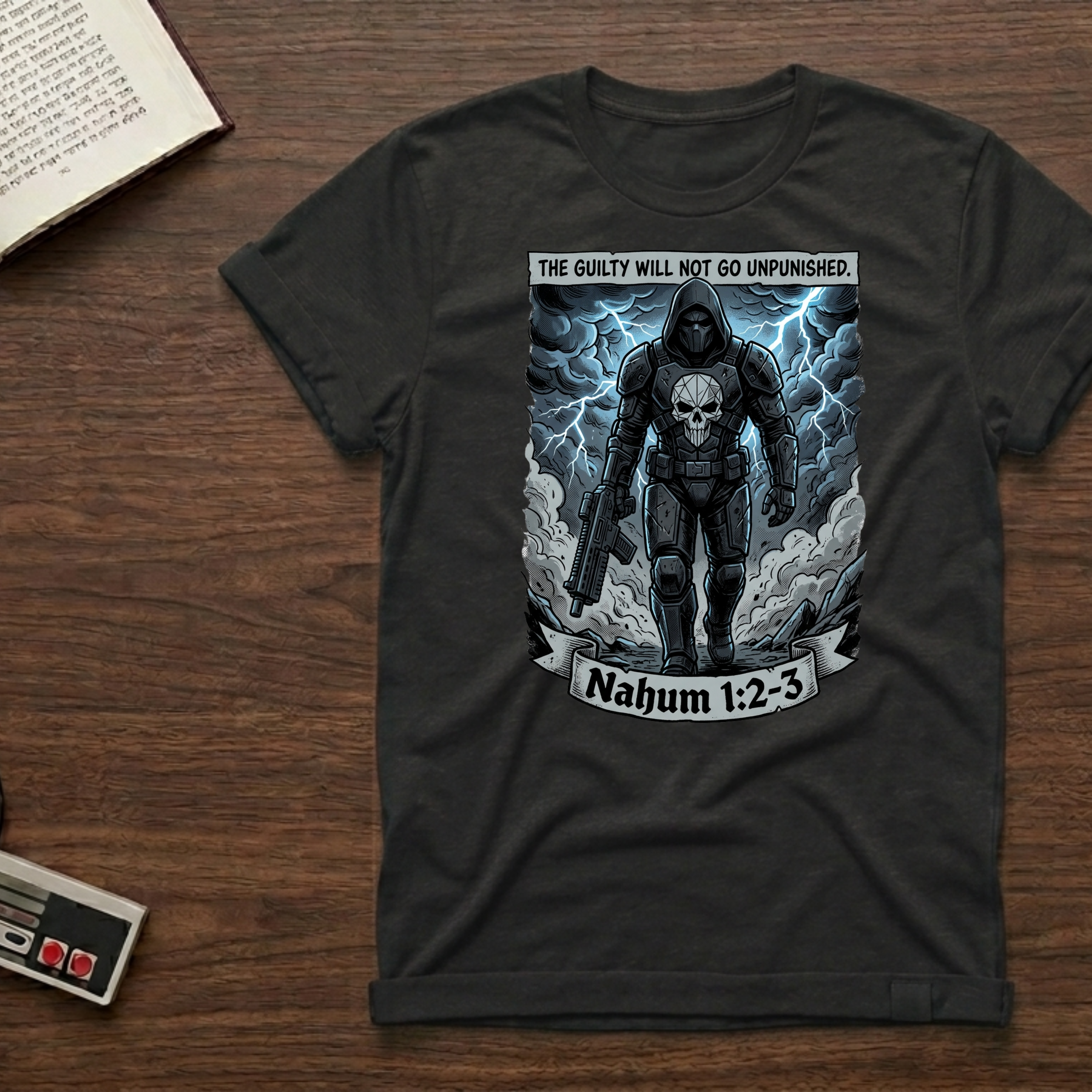 T-Shirt — “The Guilty Will Not Go Unpunished” Graphic Tee (Nahum 1:2-3) — Dark Stormy Skull Design