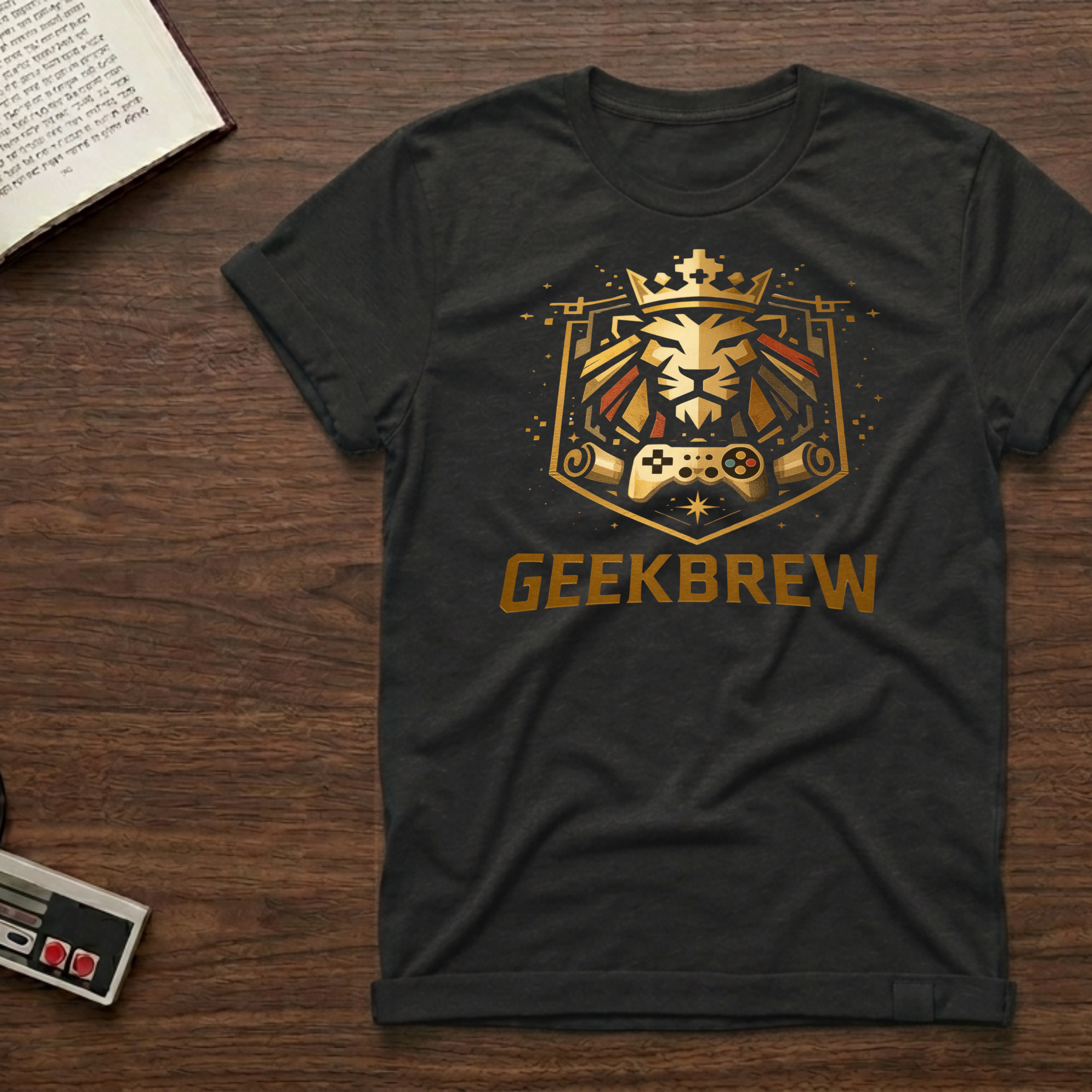 GeekBrew Lion Crest T-Shirt — Gold Gaming Emblem Tee