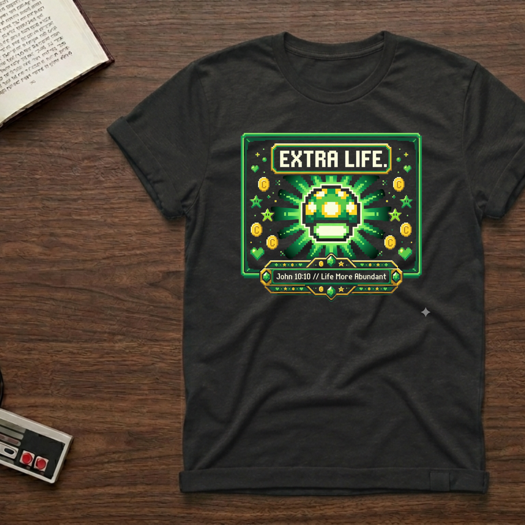 Extra Life T-Shirt — Retro Pixel Video Game Mushroom Tee