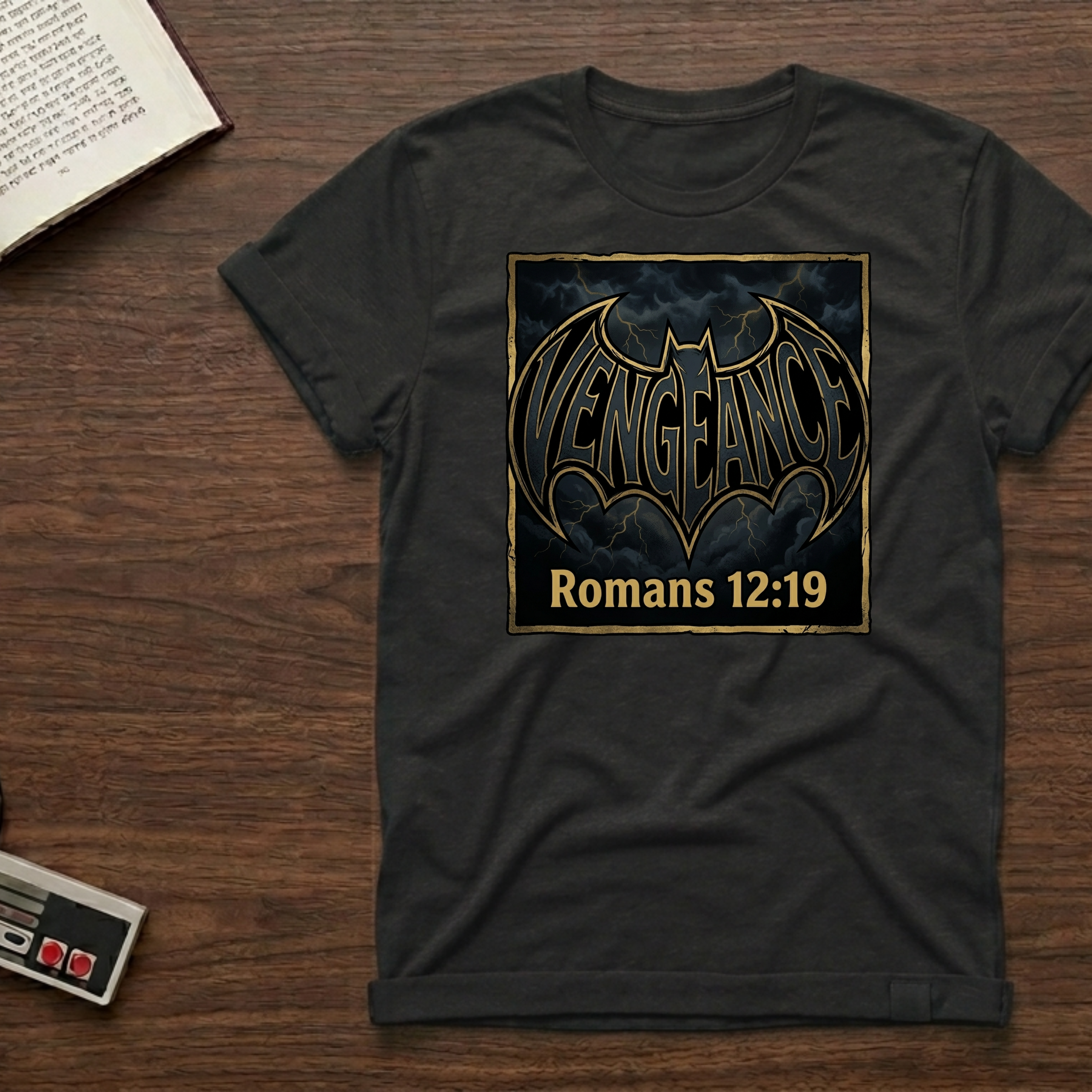 Vengeance Graphic T‑Shirt — "Vengeance" Bat Logo with Romans 12:19 Faith Tee