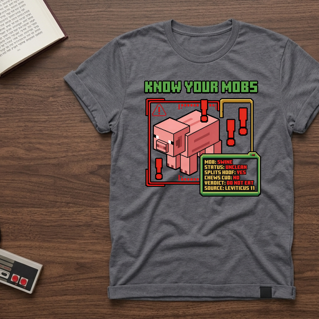 Know Your Mobs T-Shirt — Leviticus 11 Pixel Game Pig Design