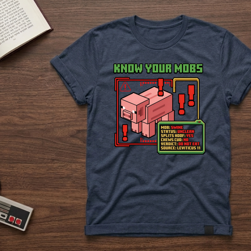 Know Your Mobs T-Shirt — Leviticus 11 Pixel Game Pig Design