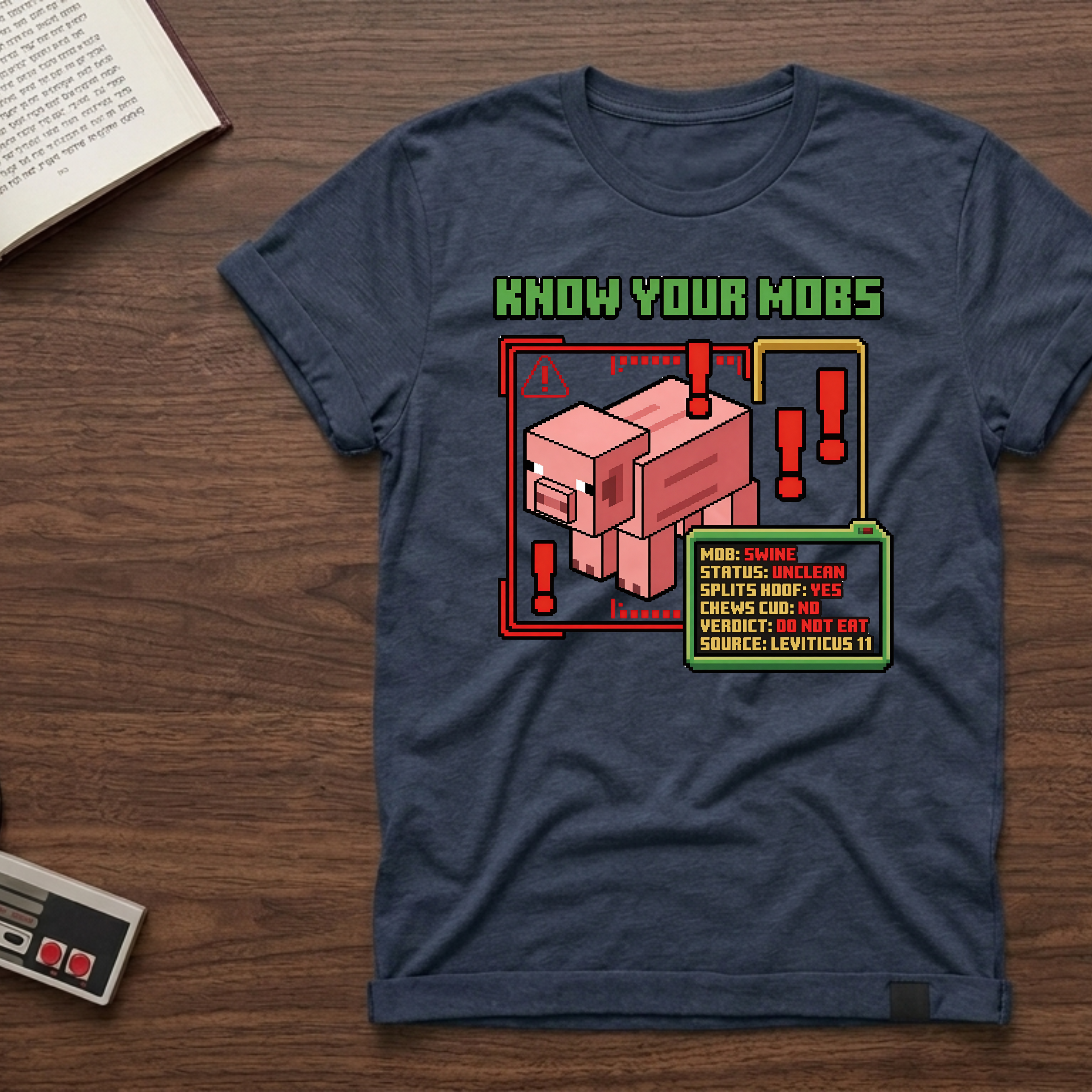 Know Your Mobs T-Shirt — Leviticus 11 Pixel Game Pig Design