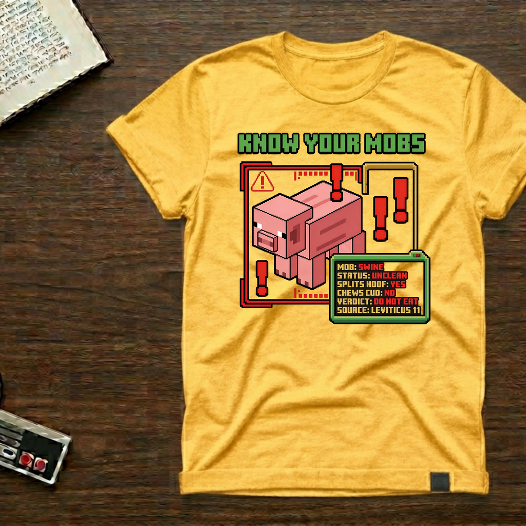 Know Your Mobs T-Shirt — Leviticus 11 Pixel Game Pig Design