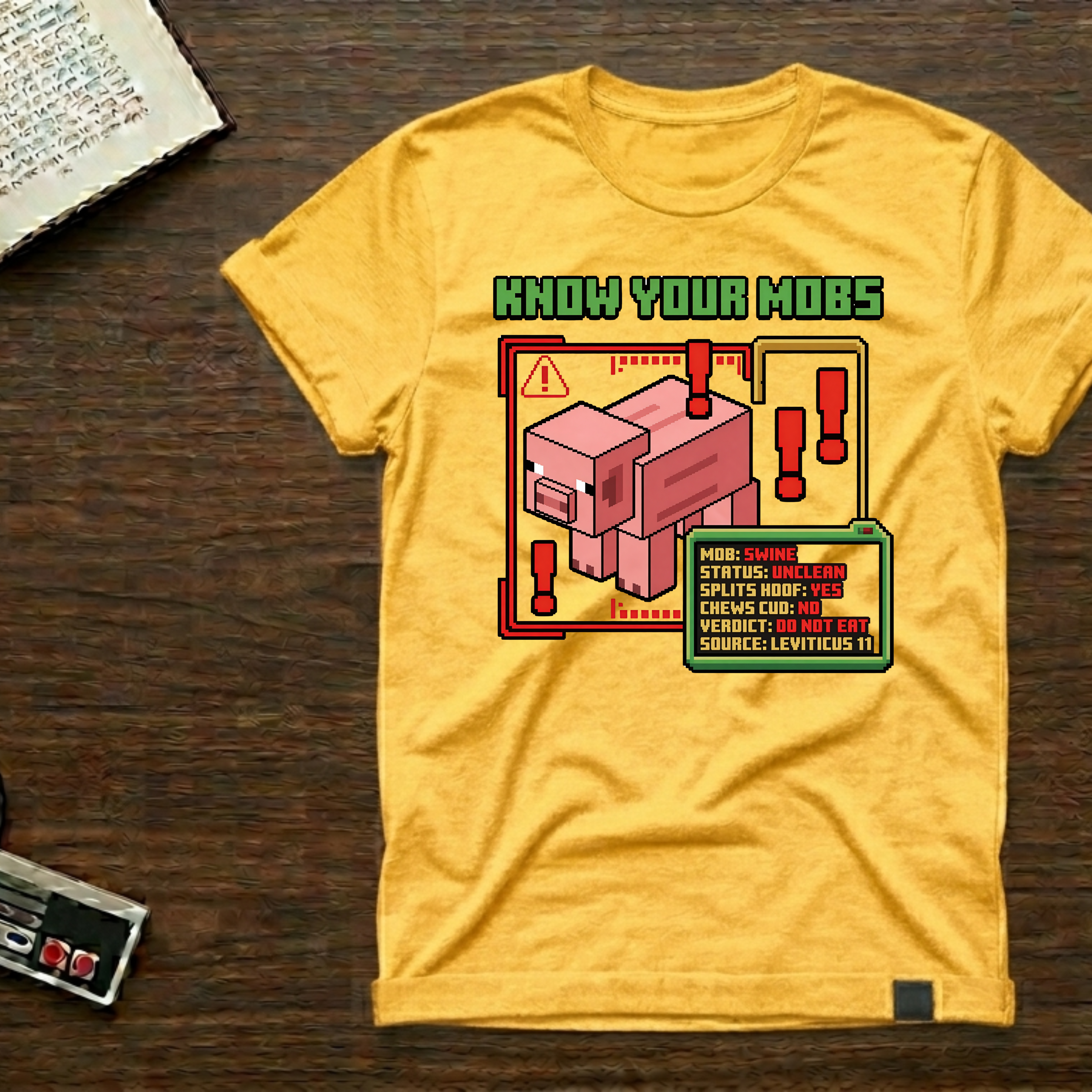 Know Your Mobs T-Shirt — Leviticus 11 Pixel Game Pig Design