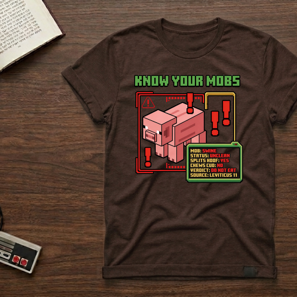 Know Your Mobs T-Shirt — Leviticus 11 Pixel Game Pig Design