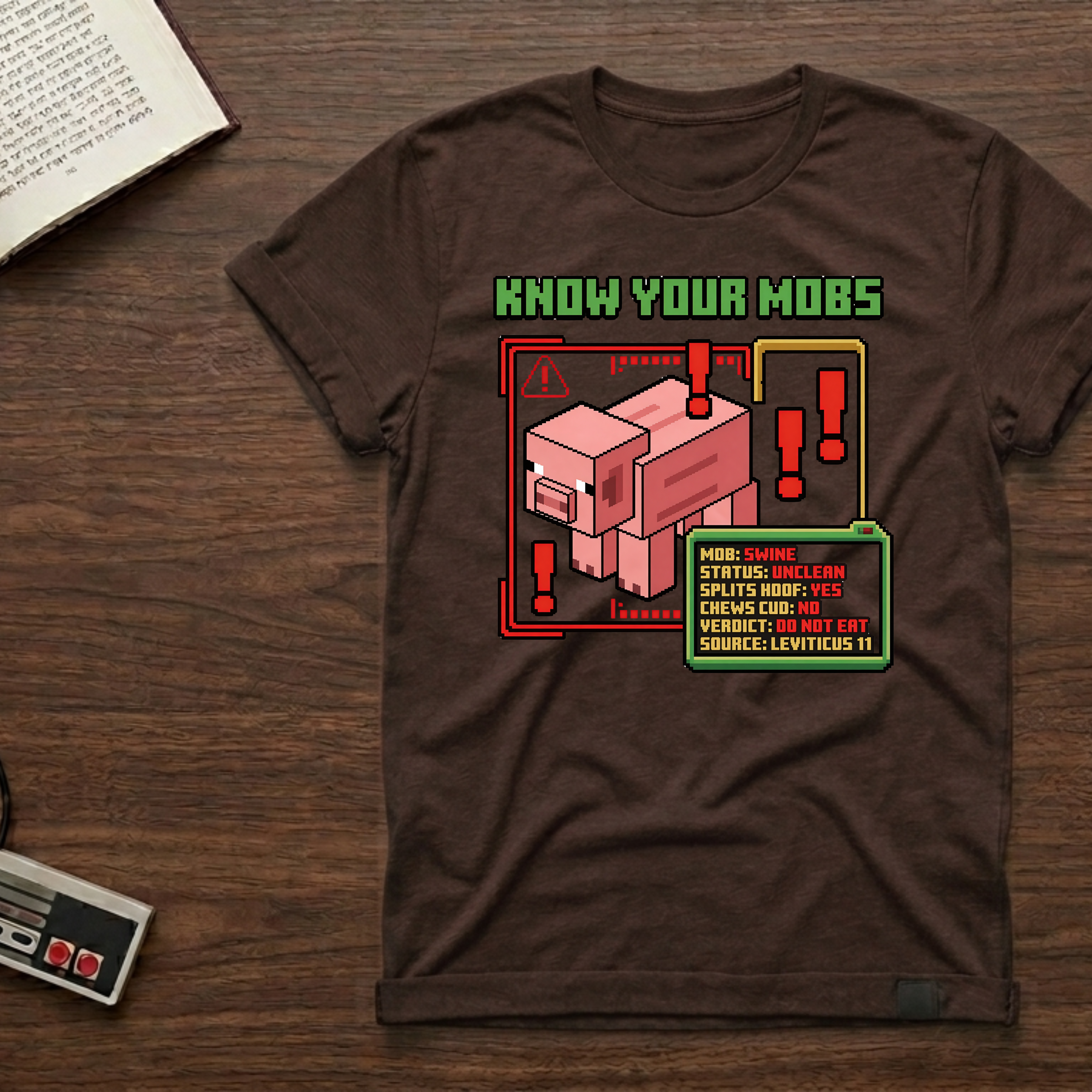 Know Your Mobs T-Shirt — Leviticus 11 Pixel Game Pig Design