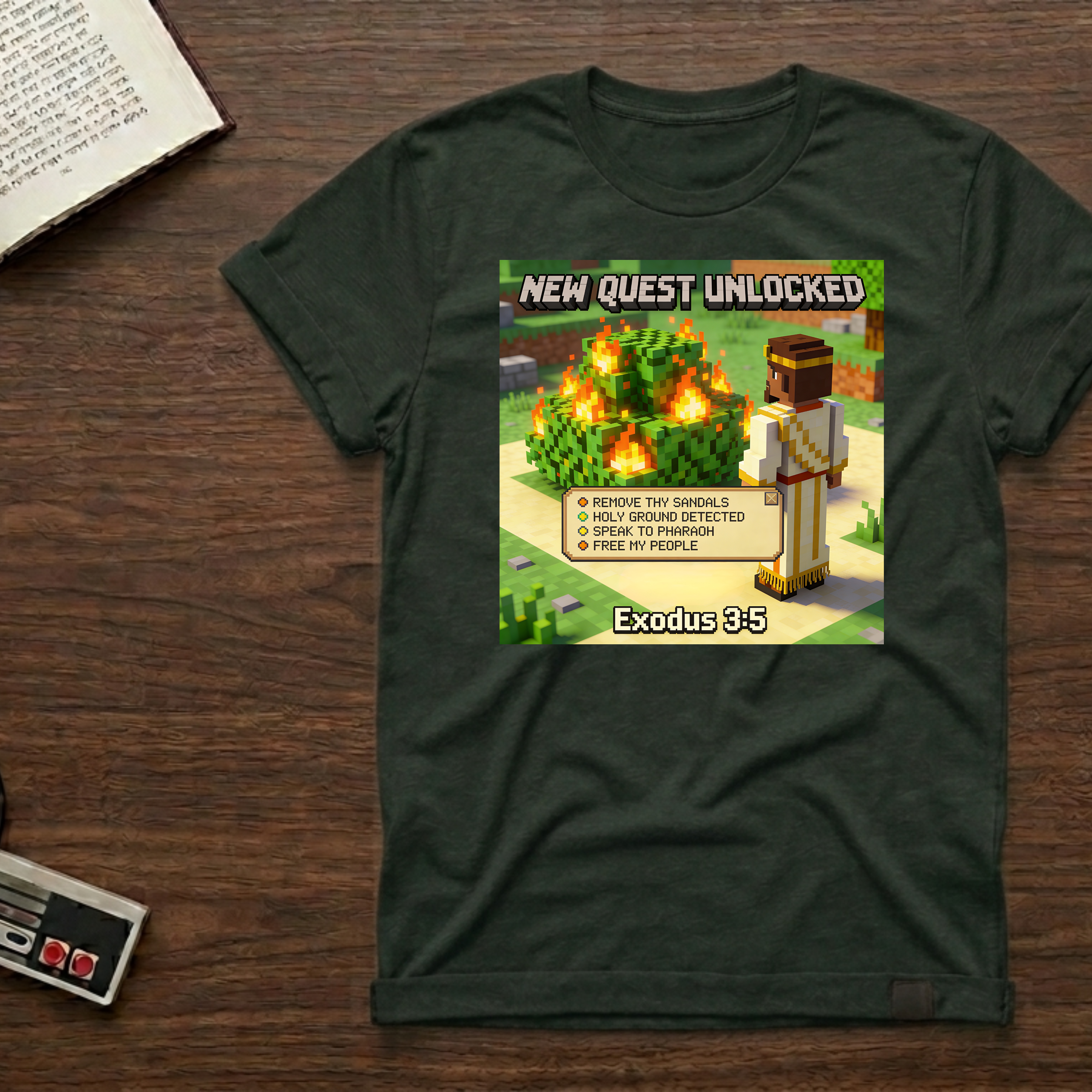 Minecraft-Inspired 'New Quest Unlocked' T-Shirt — Exodus 3:5 Bible Gaming Tee