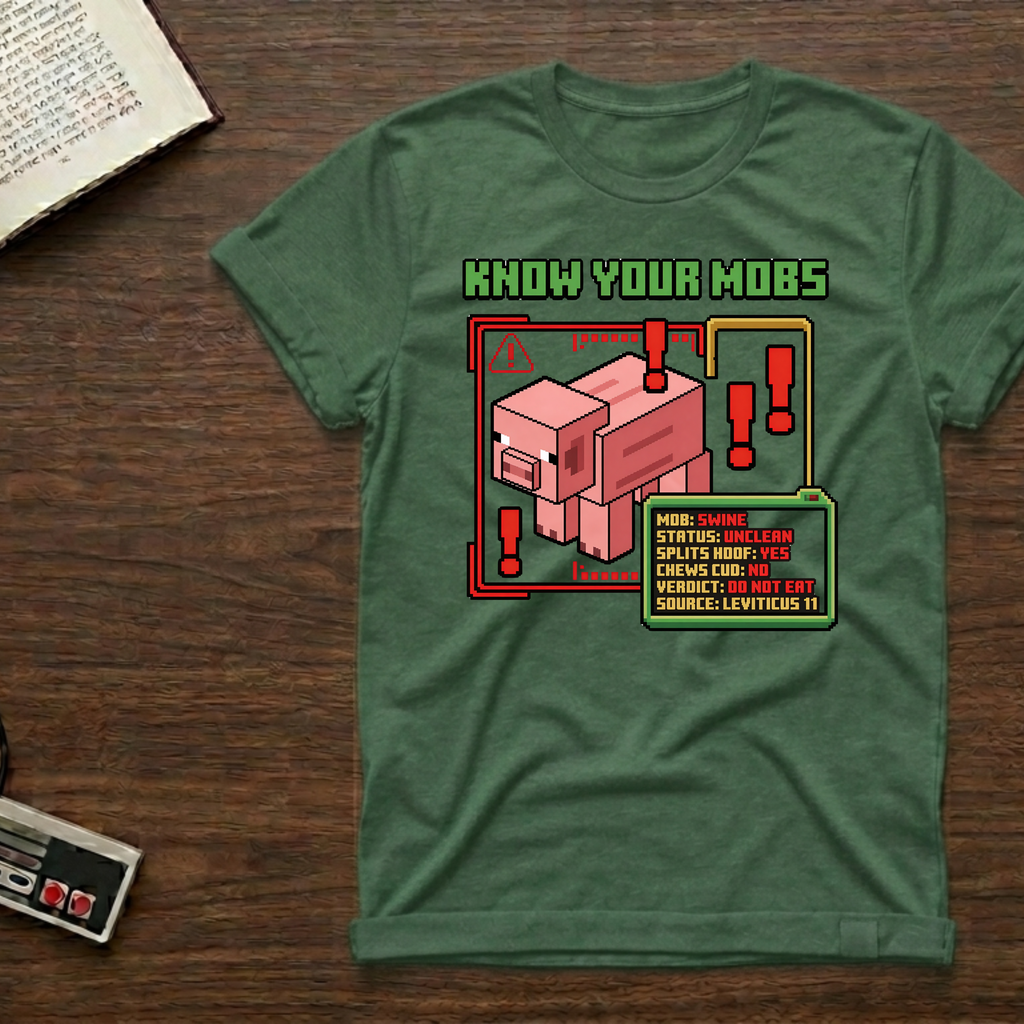Know Your Mobs T-Shirt — Leviticus 11 Pixel Game Pig Design