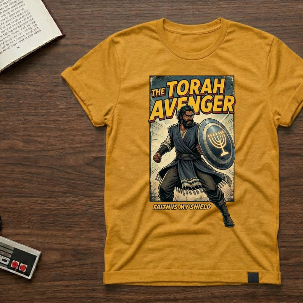 Torah Avenger T-Shirt — Hebrew Superhero Graphic Tee (Menorah Shield)