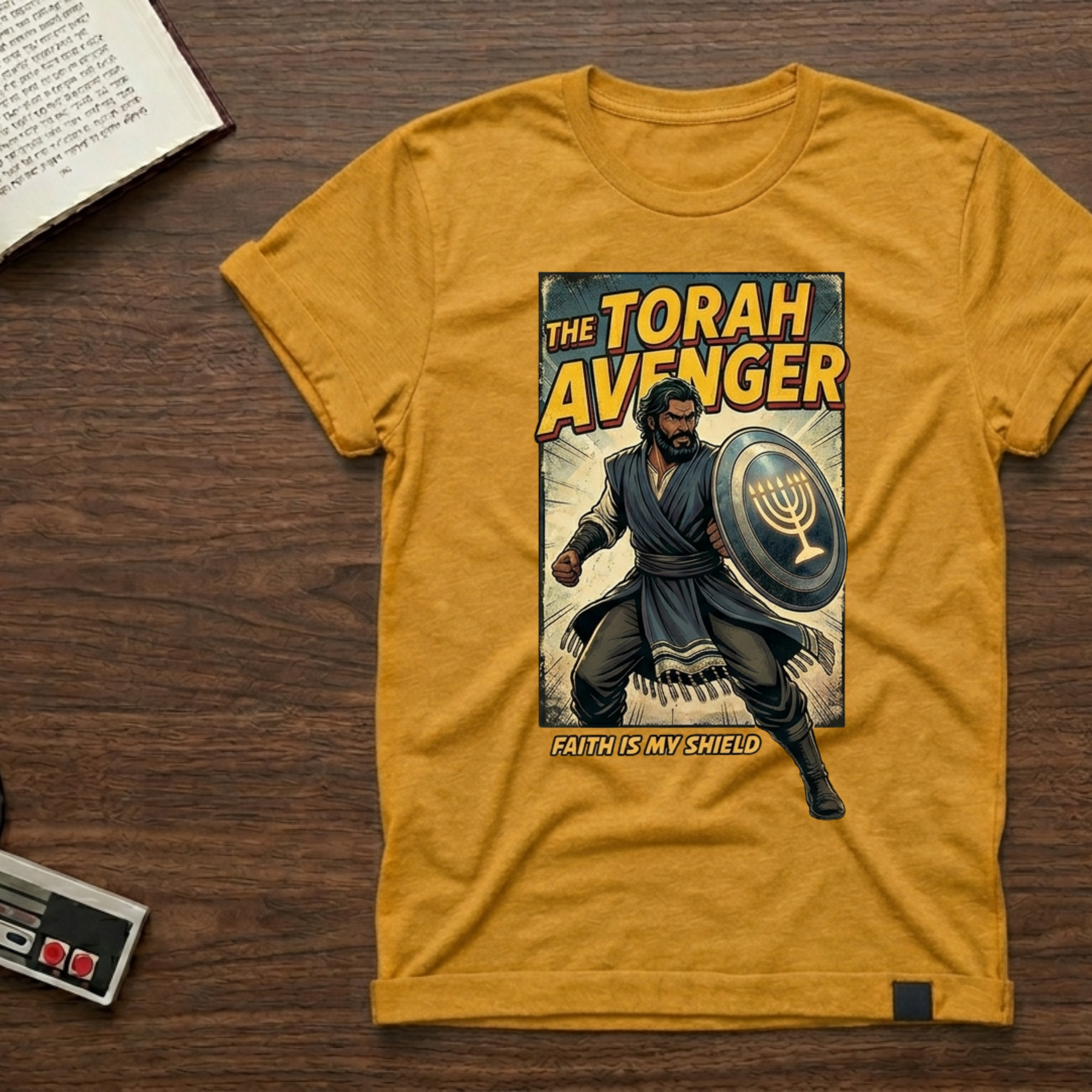 Torah Avenger T-Shirt — Hebrew Superhero Graphic Tee (Menorah Shield)