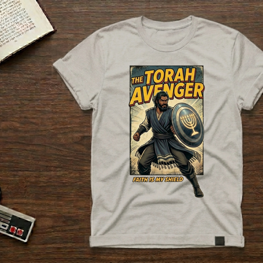 Torah Avenger T-Shirt — Hebrew Superhero Graphic Tee (Menorah Shield)