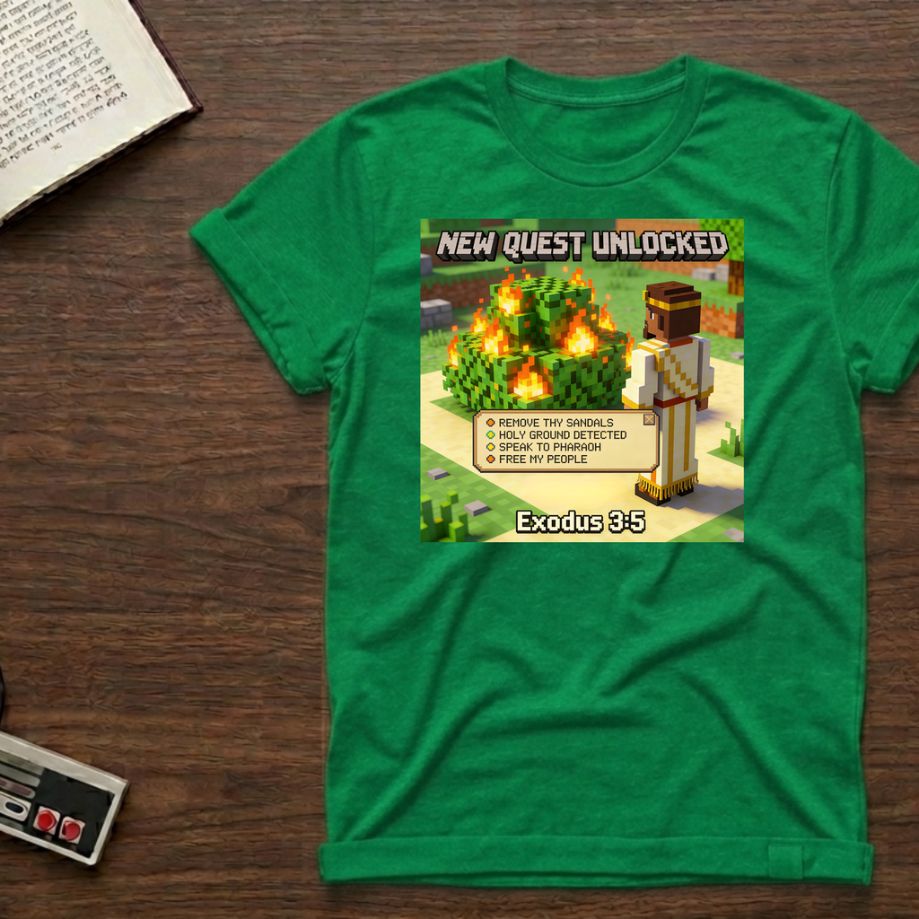 Minecraft-Inspired 'New Quest Unlocked' T-Shirt — Exodus 3:5 Bible Gaming Tee