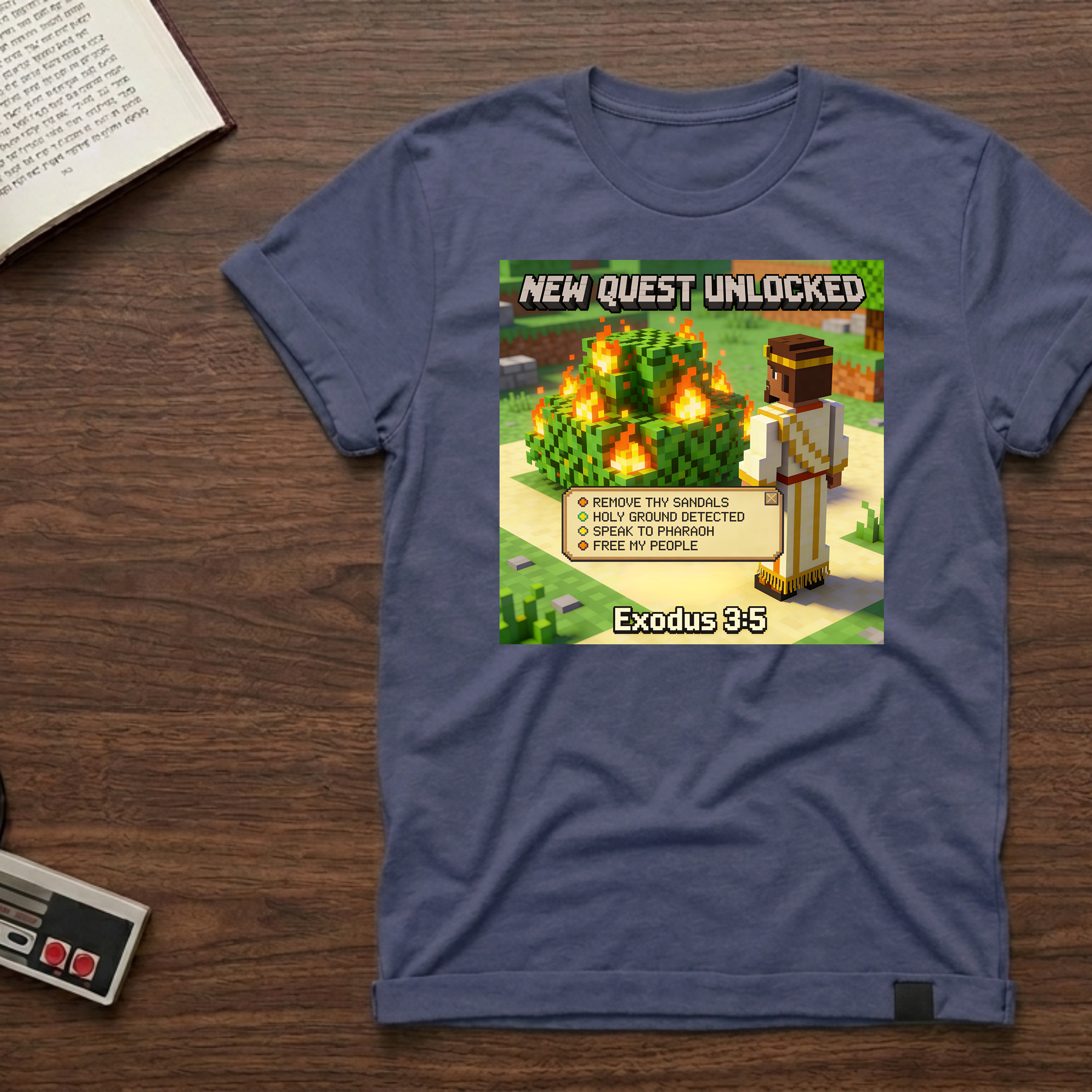 Minecraft-Inspired 'New Quest Unlocked' T-Shirt — Exodus 3:5 Bible Gaming Tee