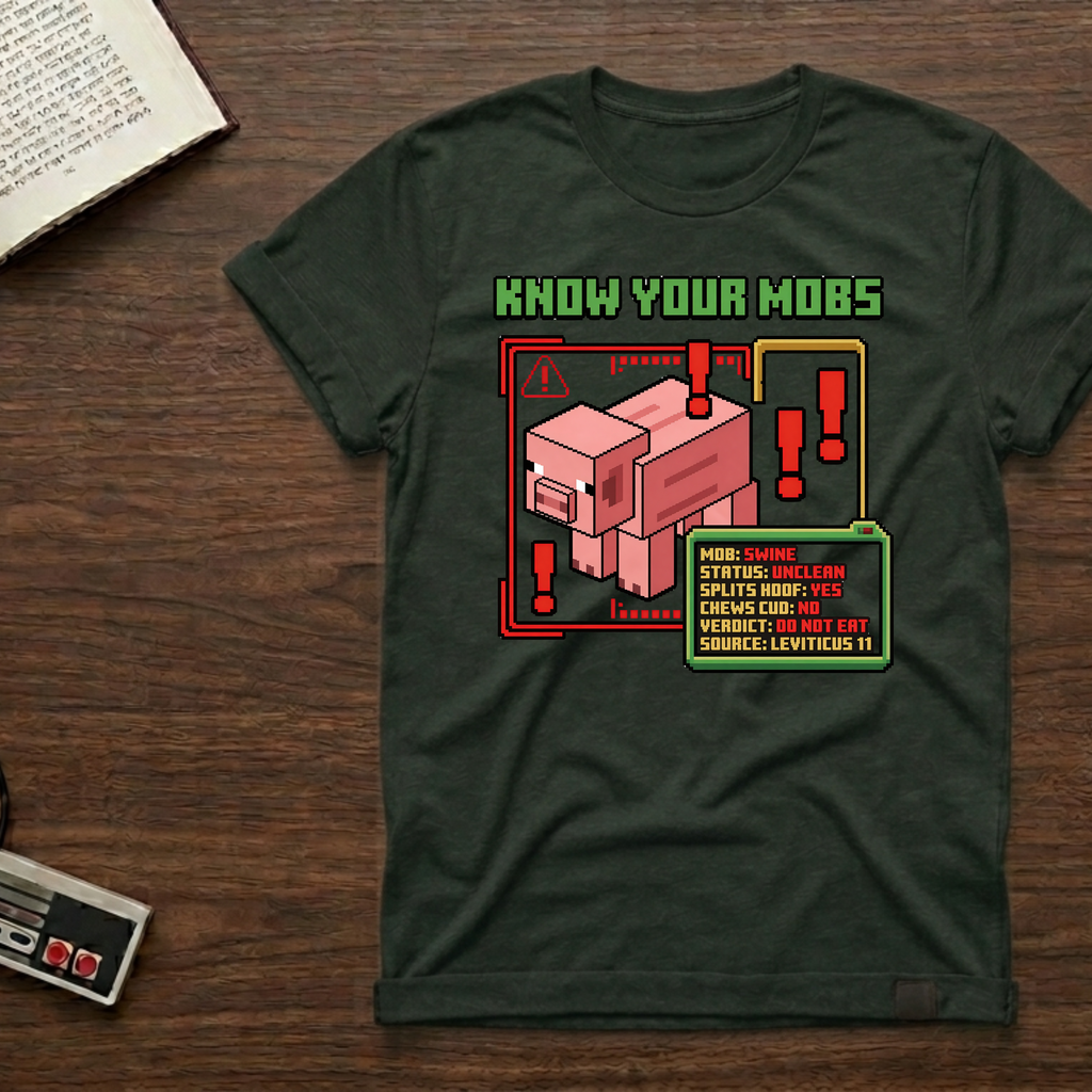 Know Your Mobs T-Shirt — Leviticus 11 Pixel Game Pig Design
