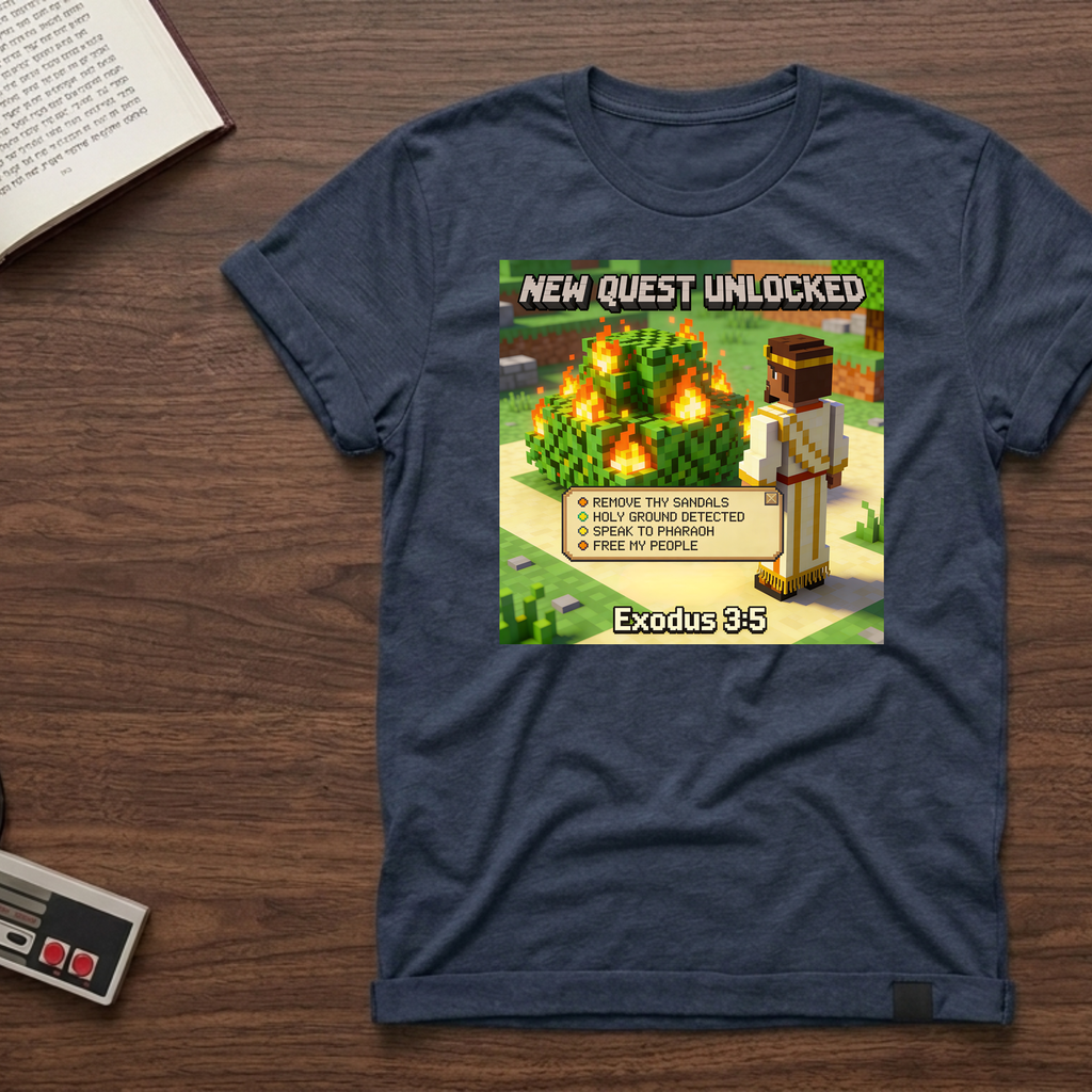 Minecraft-Inspired 'New Quest Unlocked' T-Shirt — Exodus 3:5 Bible Gaming Tee