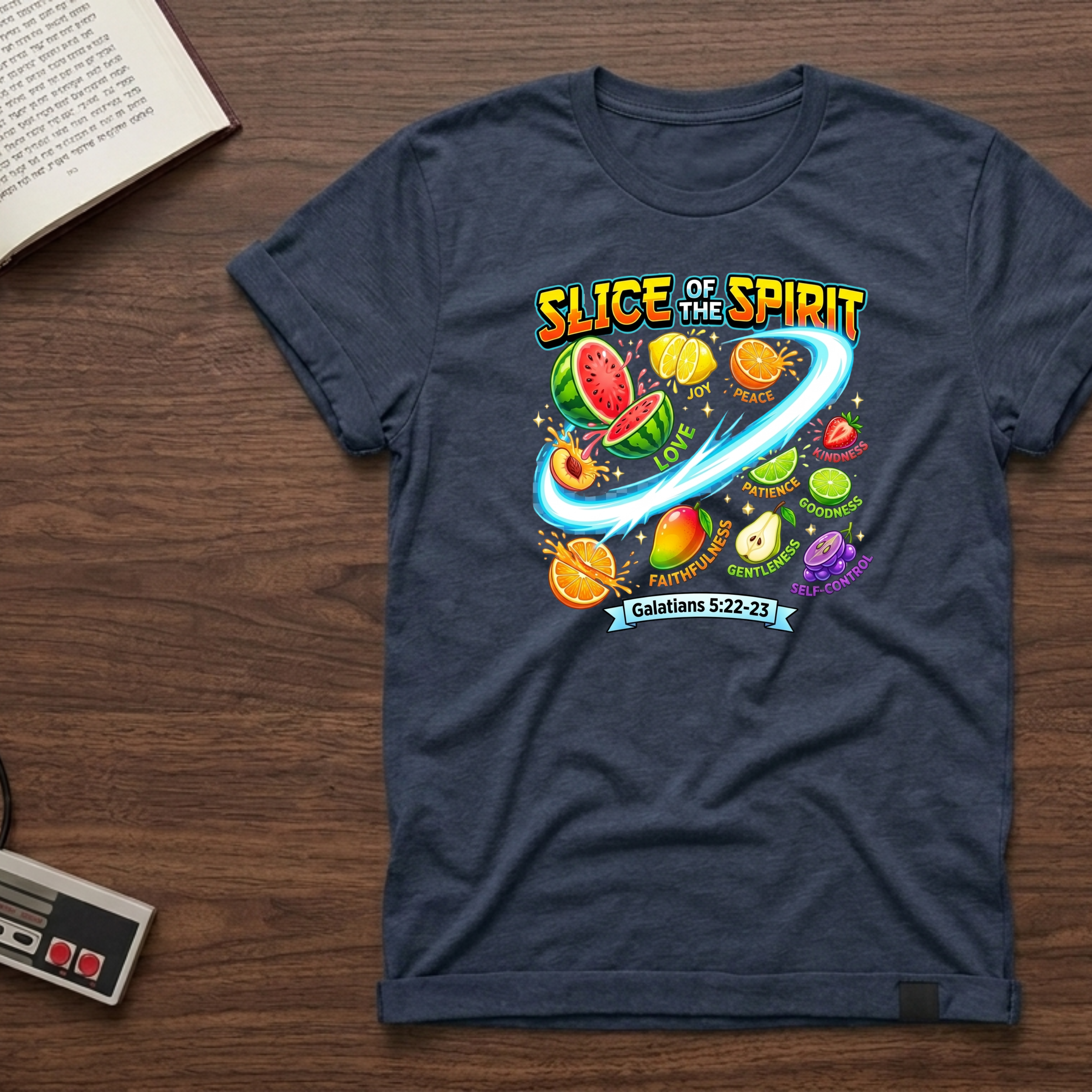 Slice of the Spirit T-Shirt — Colorful Fruit Faith Graphic Tee (Galatians 5:22-23)