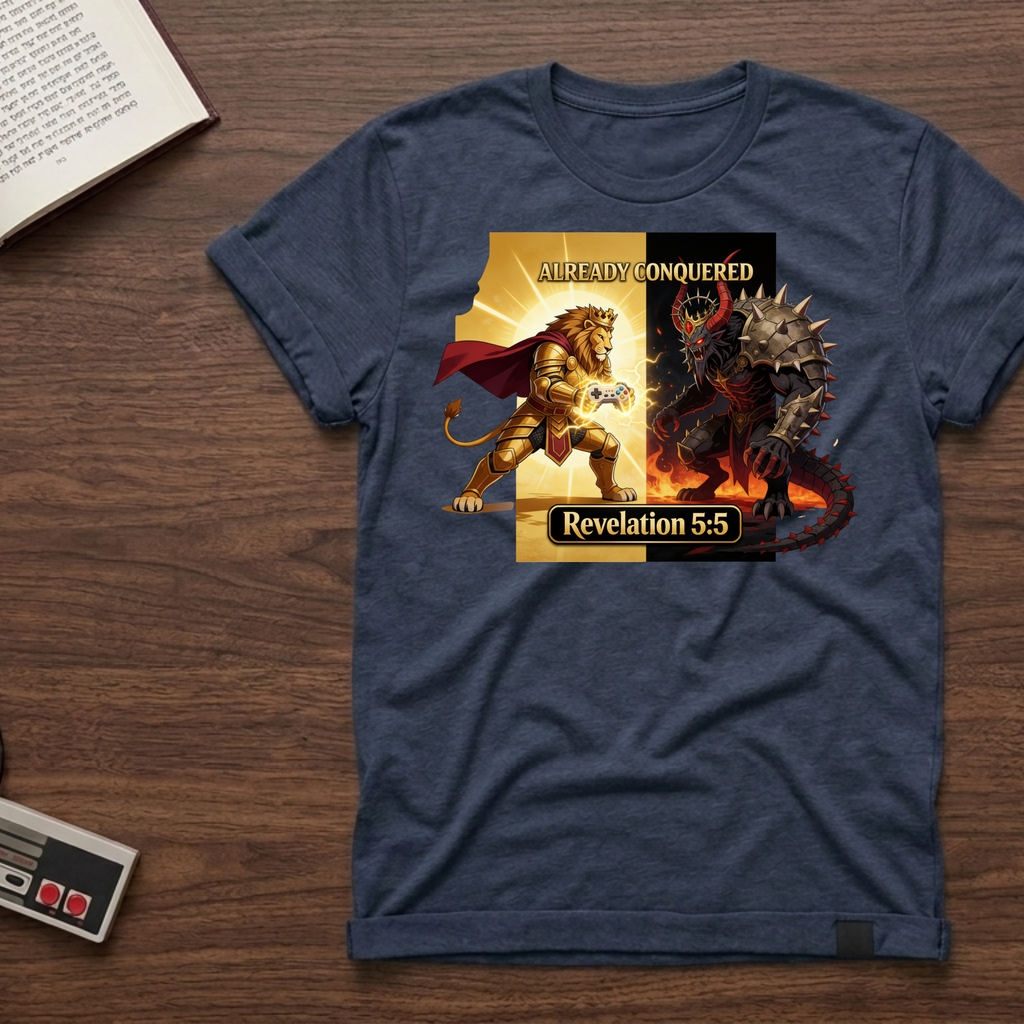 Already Conquered T-Shirt — Revelation 5:5 Lion vs Beast Christian Faith Tee