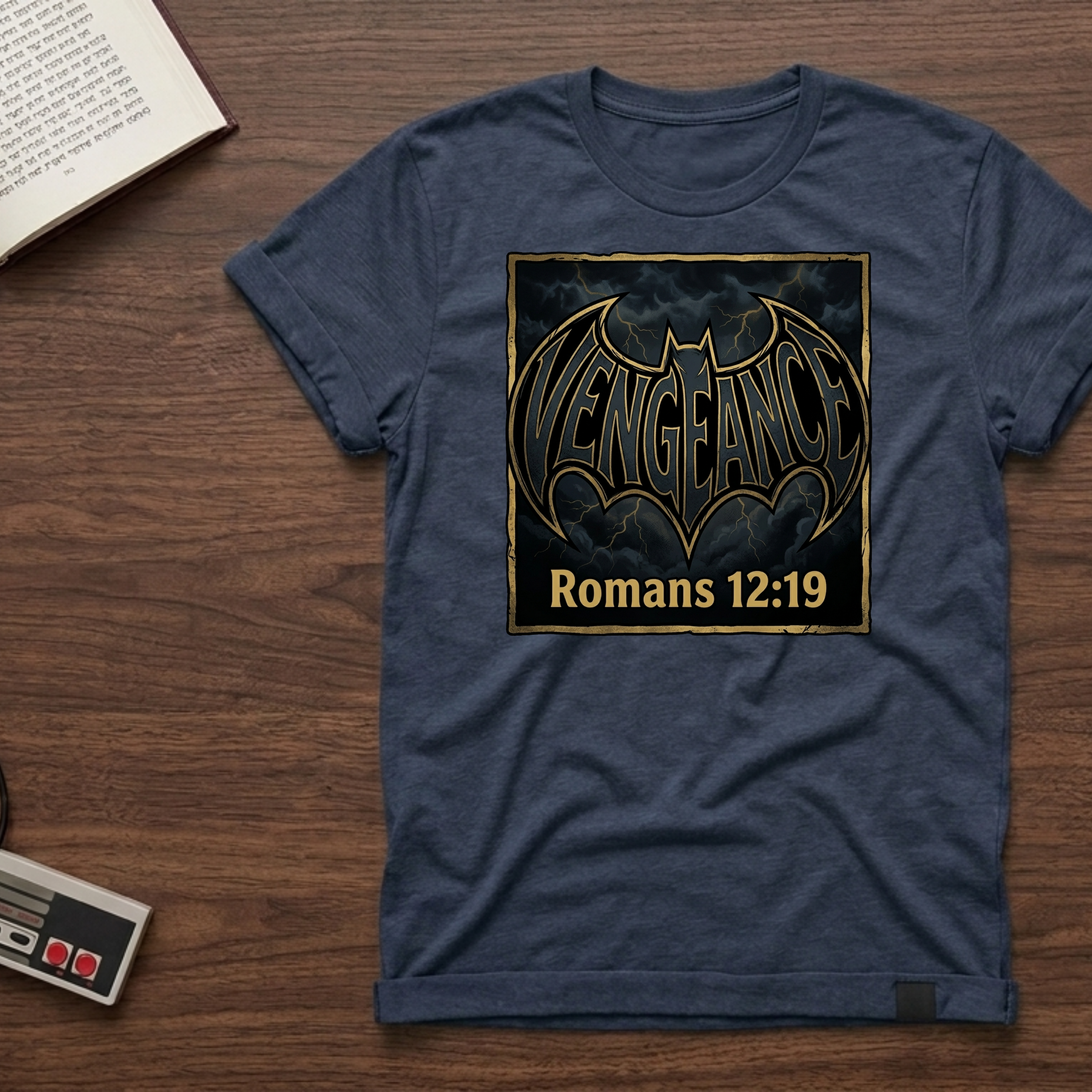 Vengeance Graphic T‑Shirt — "Vengeance" Bat Logo with Romans 12:19 Faith Tee