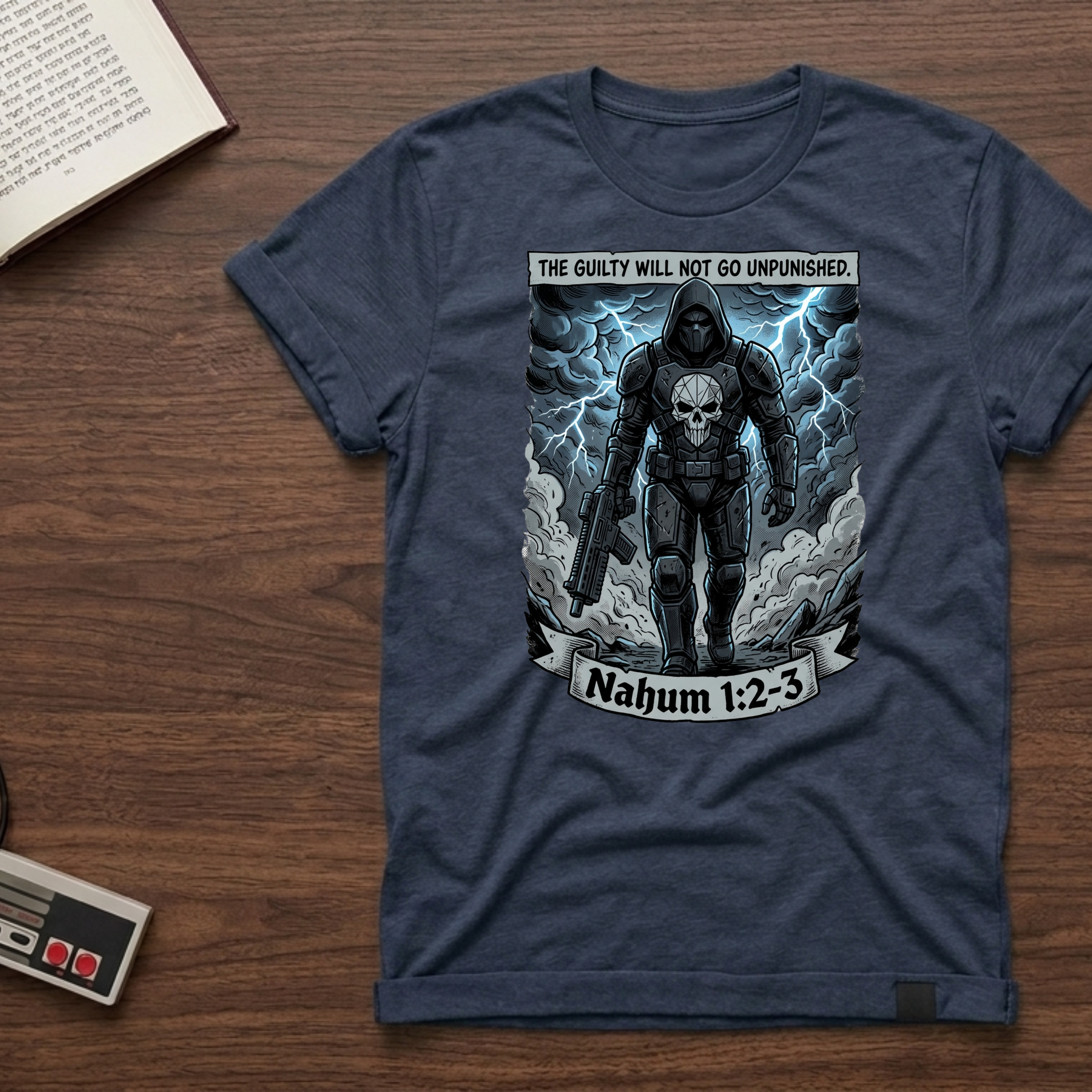 T-Shirt — “The Guilty Will Not Go Unpunished” Graphic Tee (Nahum 1:2-3) — Dark Stormy Skull Design