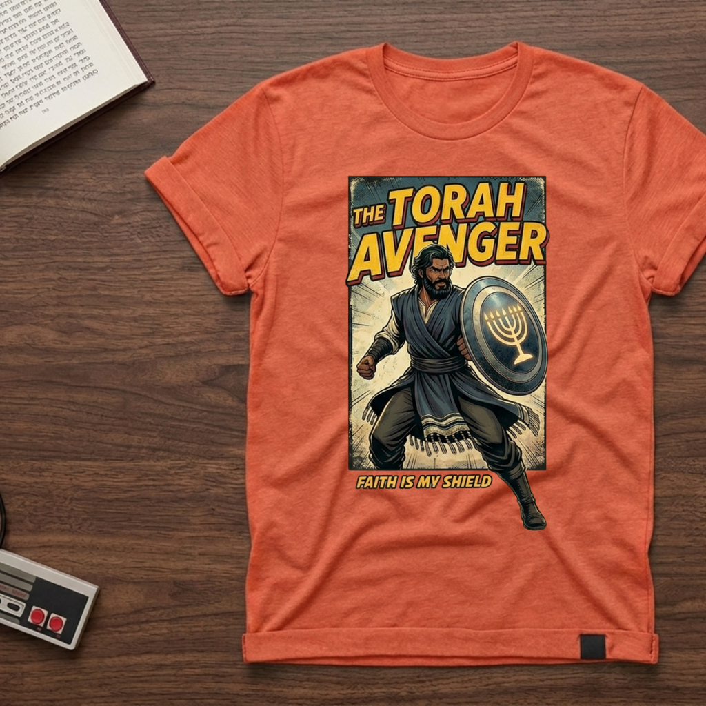 Torah Avenger T-Shirt — Hebrew Superhero Graphic Tee (Menorah Shield)