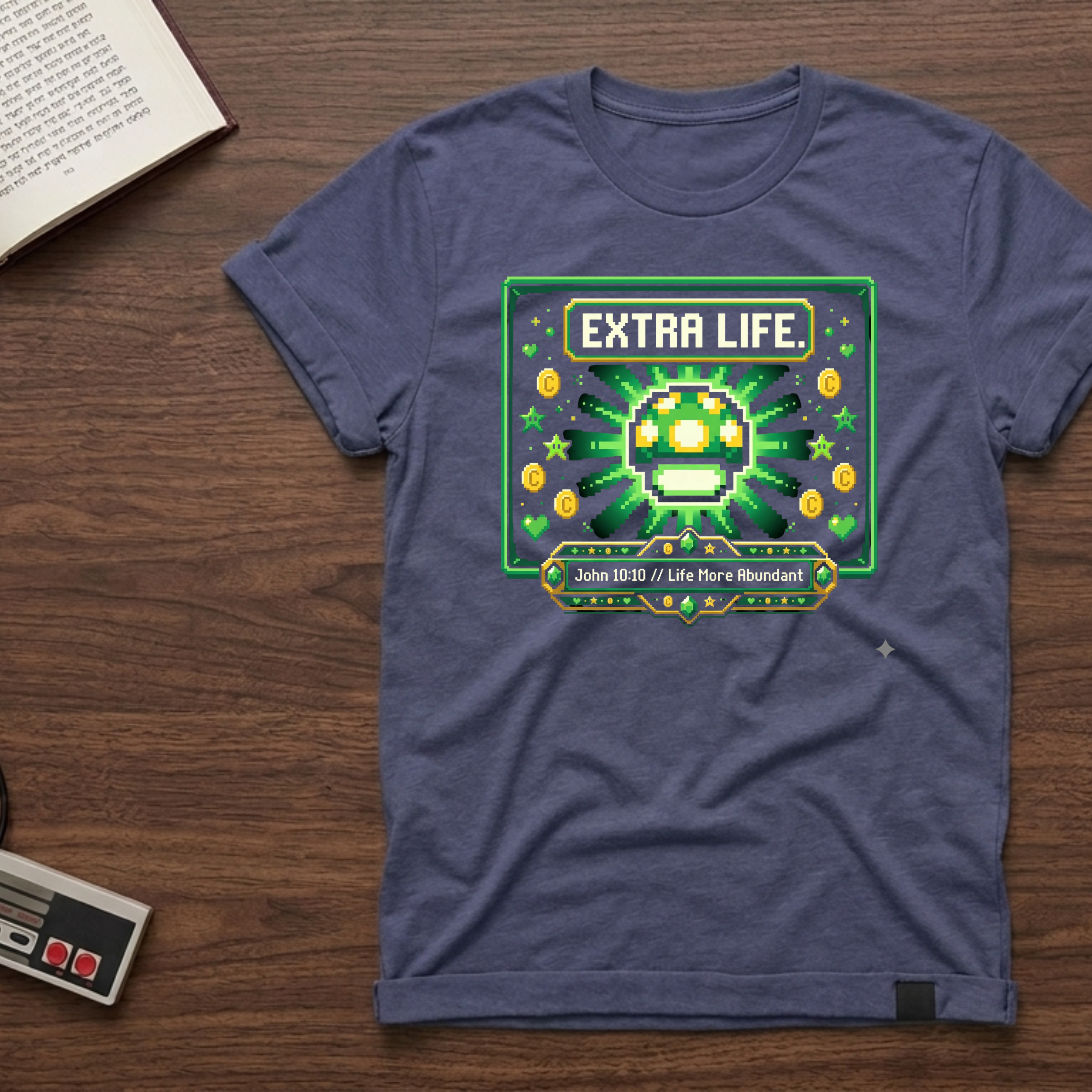 Extra Life T-Shirt — Retro Pixel Video Game Mushroom Tee