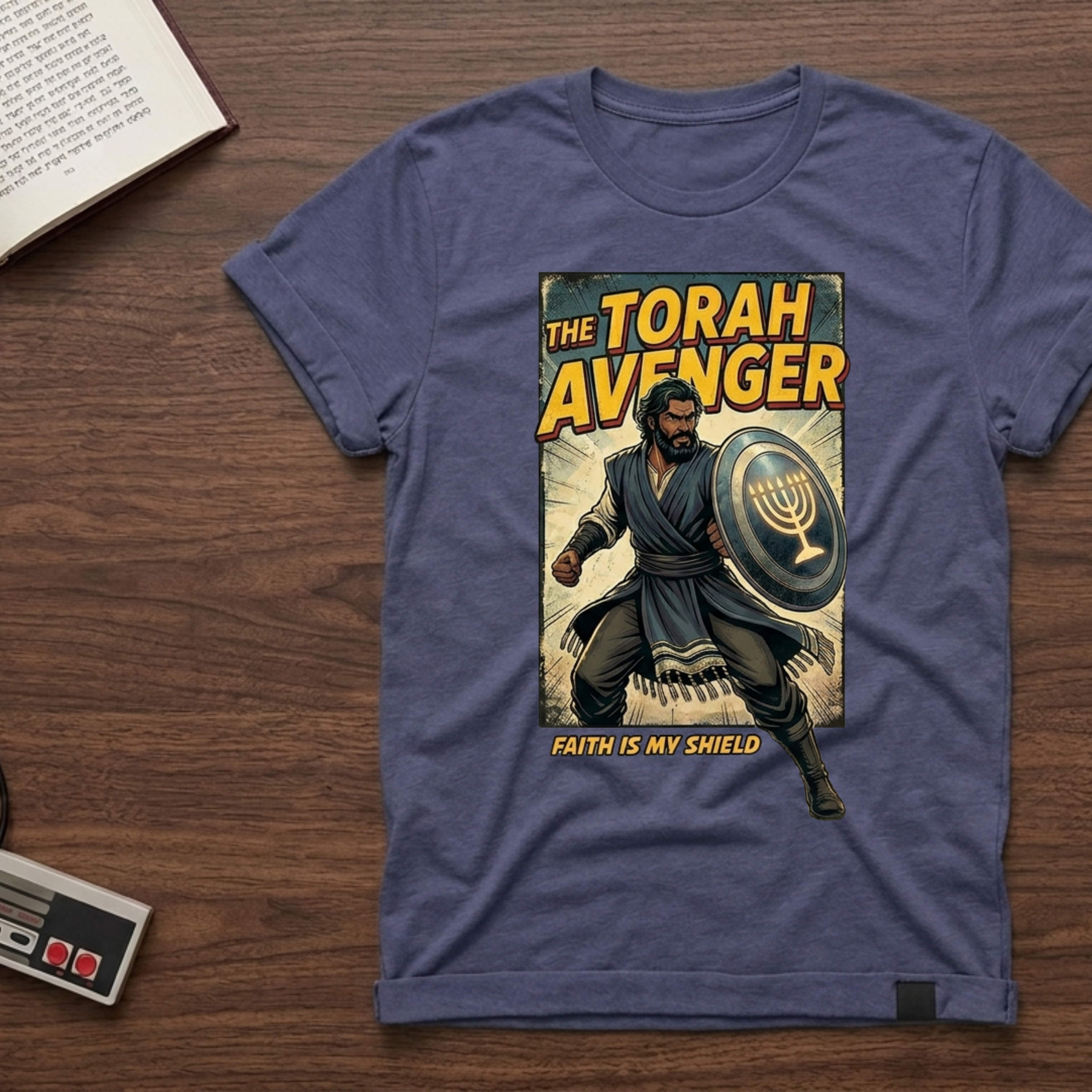Torah Avenger T-Shirt — Hebrew Superhero Graphic Tee (Menorah Shield)
