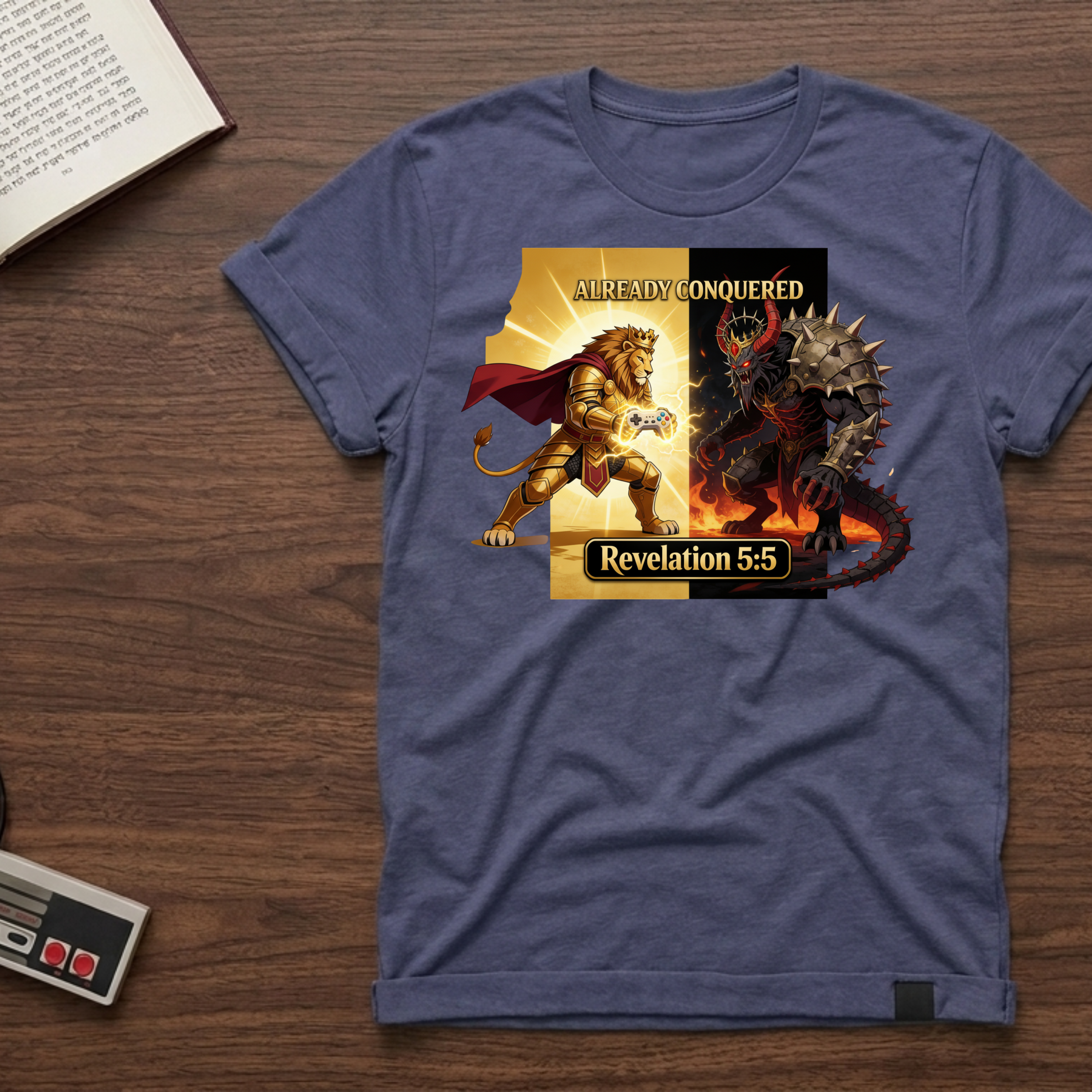 Already Conquered T-Shirt — Revelation 5:5 Lion vs Beast Christian Faith Tee