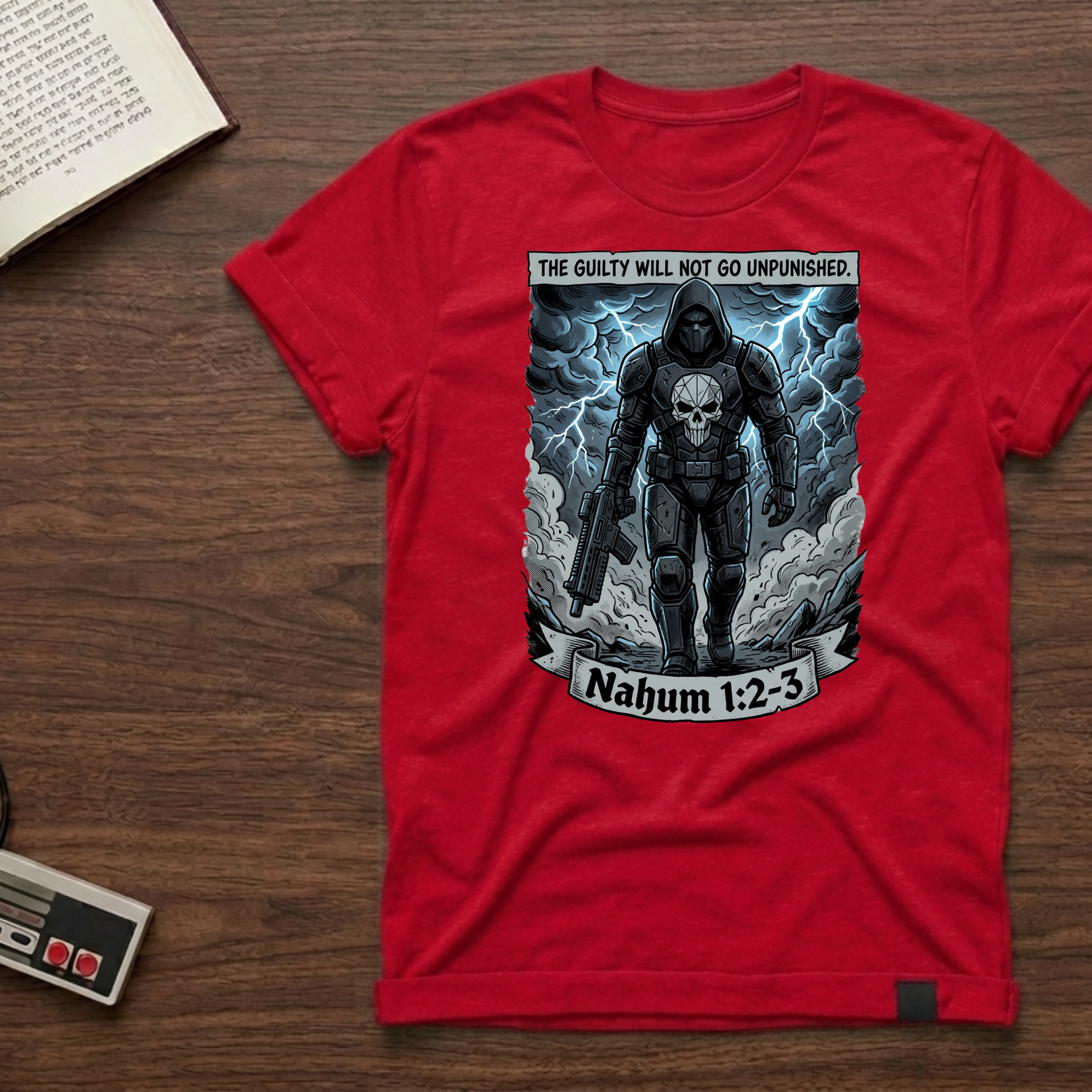 T-Shirt — “The Guilty Will Not Go Unpunished” Graphic Tee (Nahum 1:2-3) — Dark Stormy Skull Design
