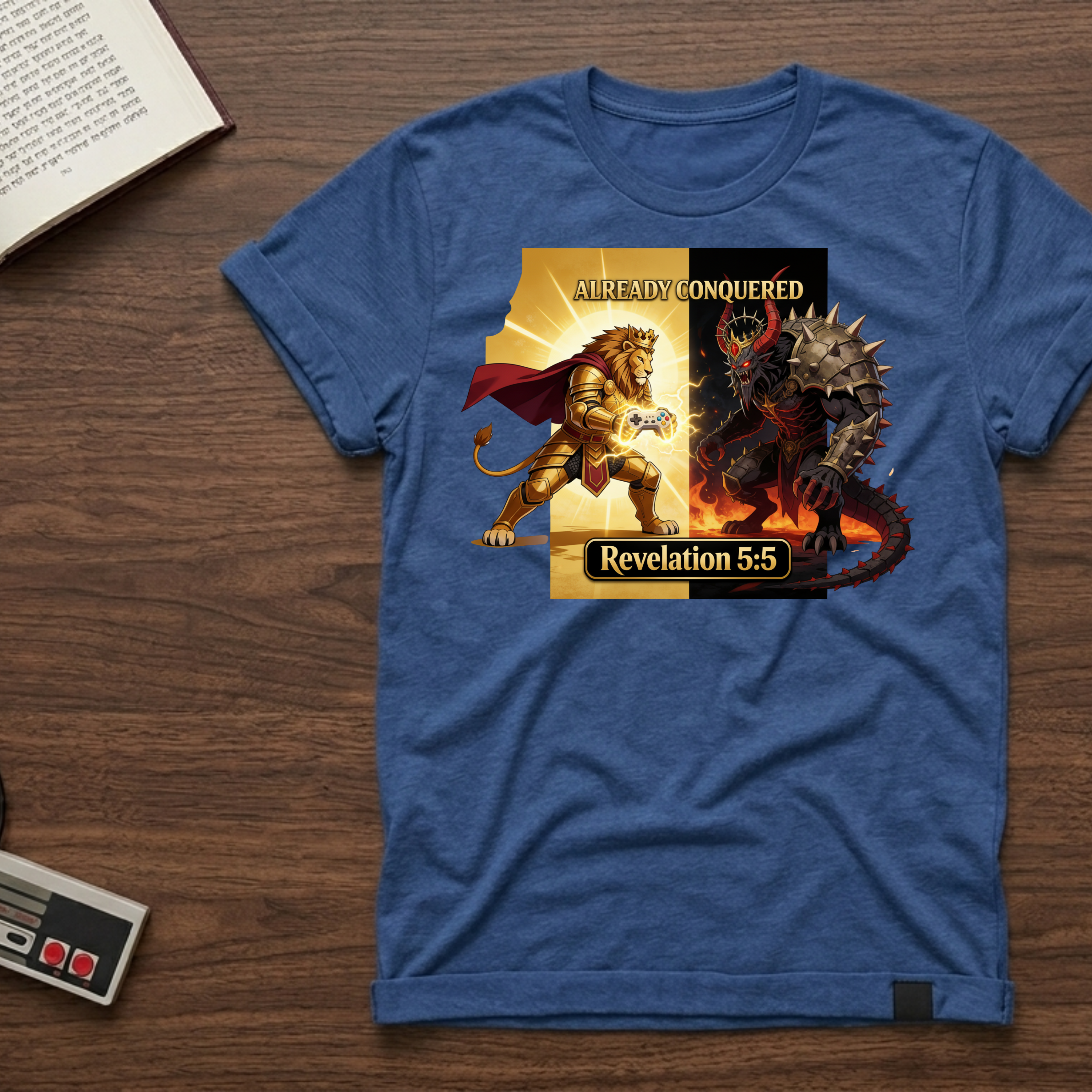 Already Conquered T-Shirt — Revelation 5:5 Lion vs Beast Christian Faith Tee
