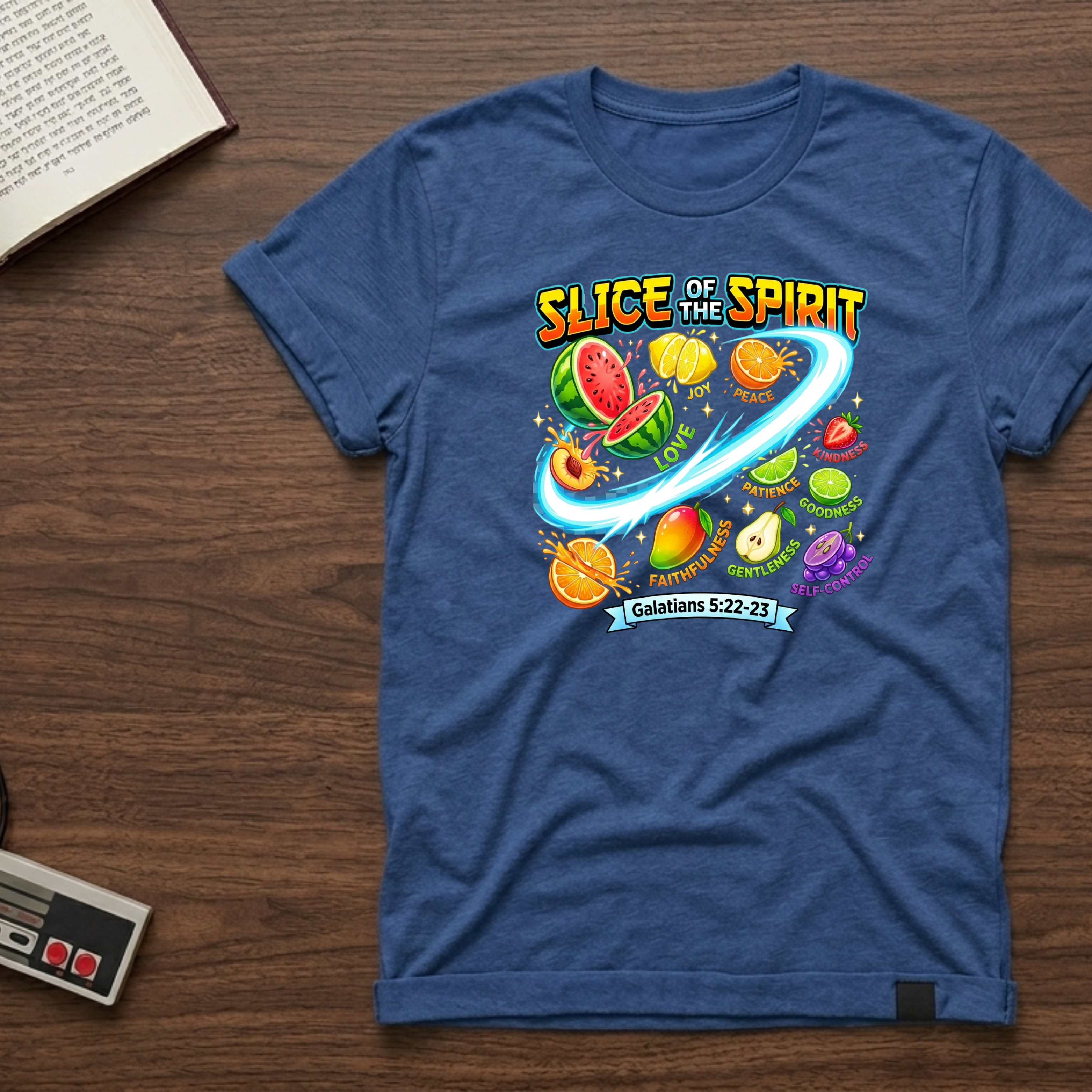 Slice of the Spirit T-Shirt — Colorful Fruit Faith Graphic Tee (Galatians 5:22-23)