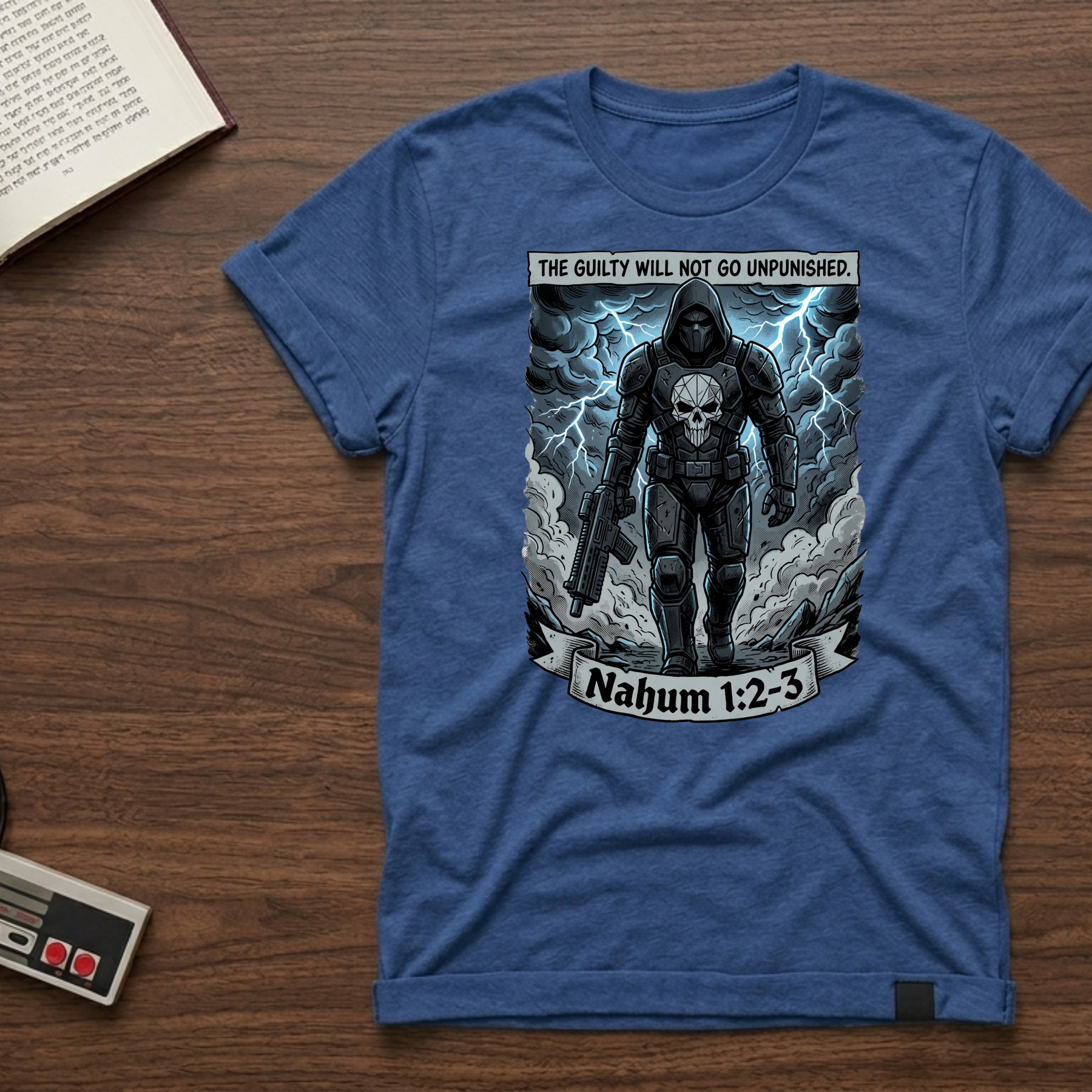 T-Shirt — “The Guilty Will Not Go Unpunished” Graphic Tee (Nahum 1:2-3) — Dark Stormy Skull Design
