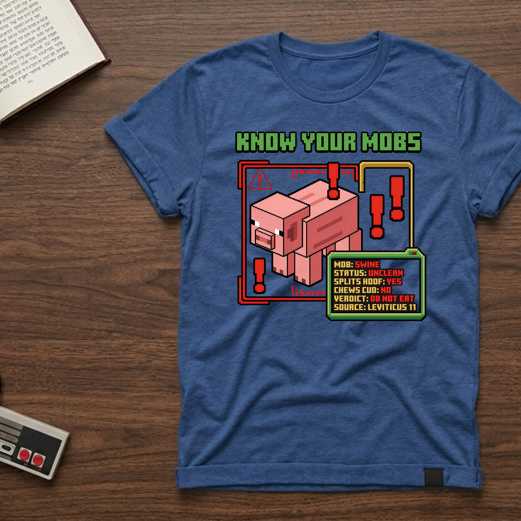 Know Your Mobs T-Shirt — Leviticus 11 Pixel Game Pig Design