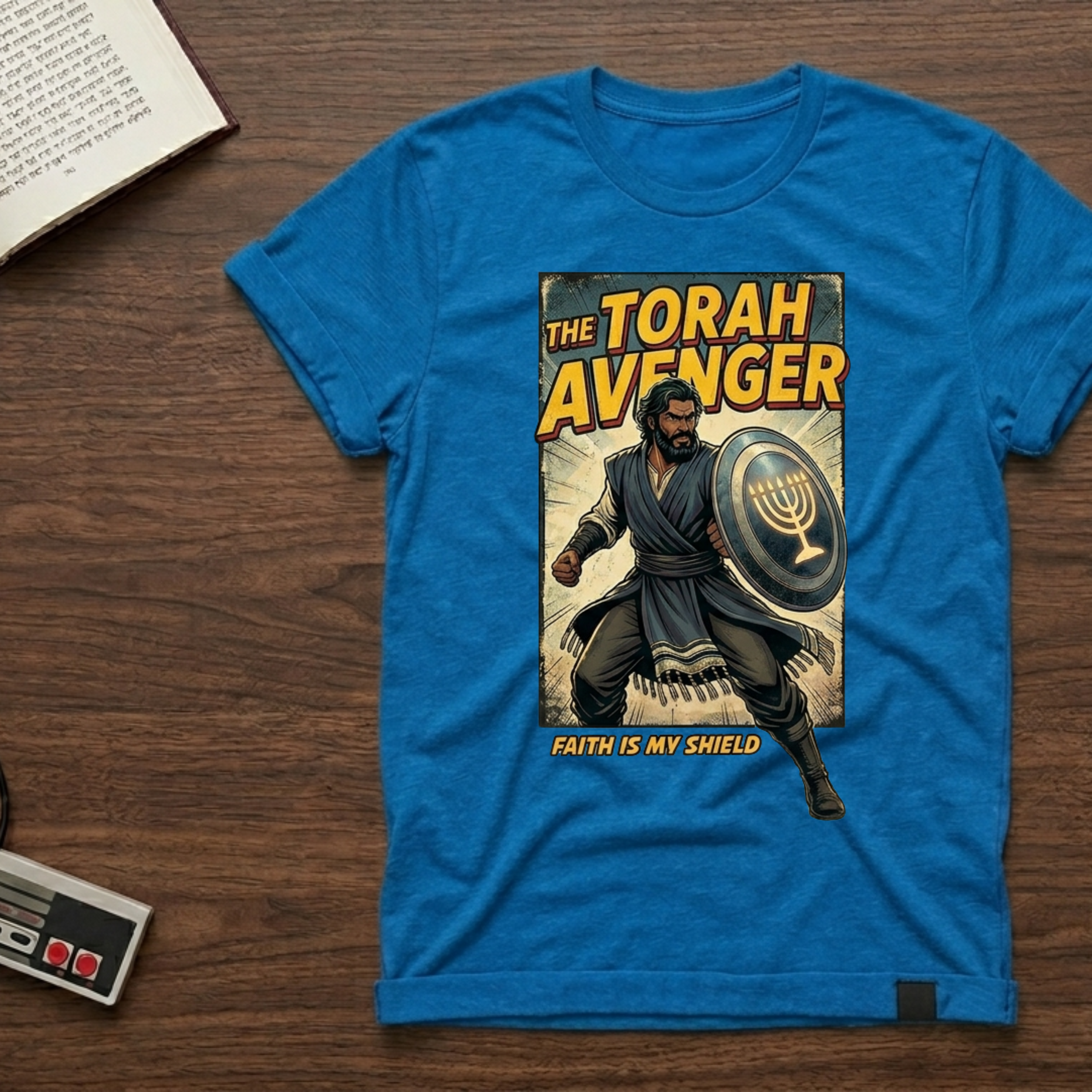Torah Avenger T-Shirt — Hebrew Superhero Graphic Tee (Menorah Shield)