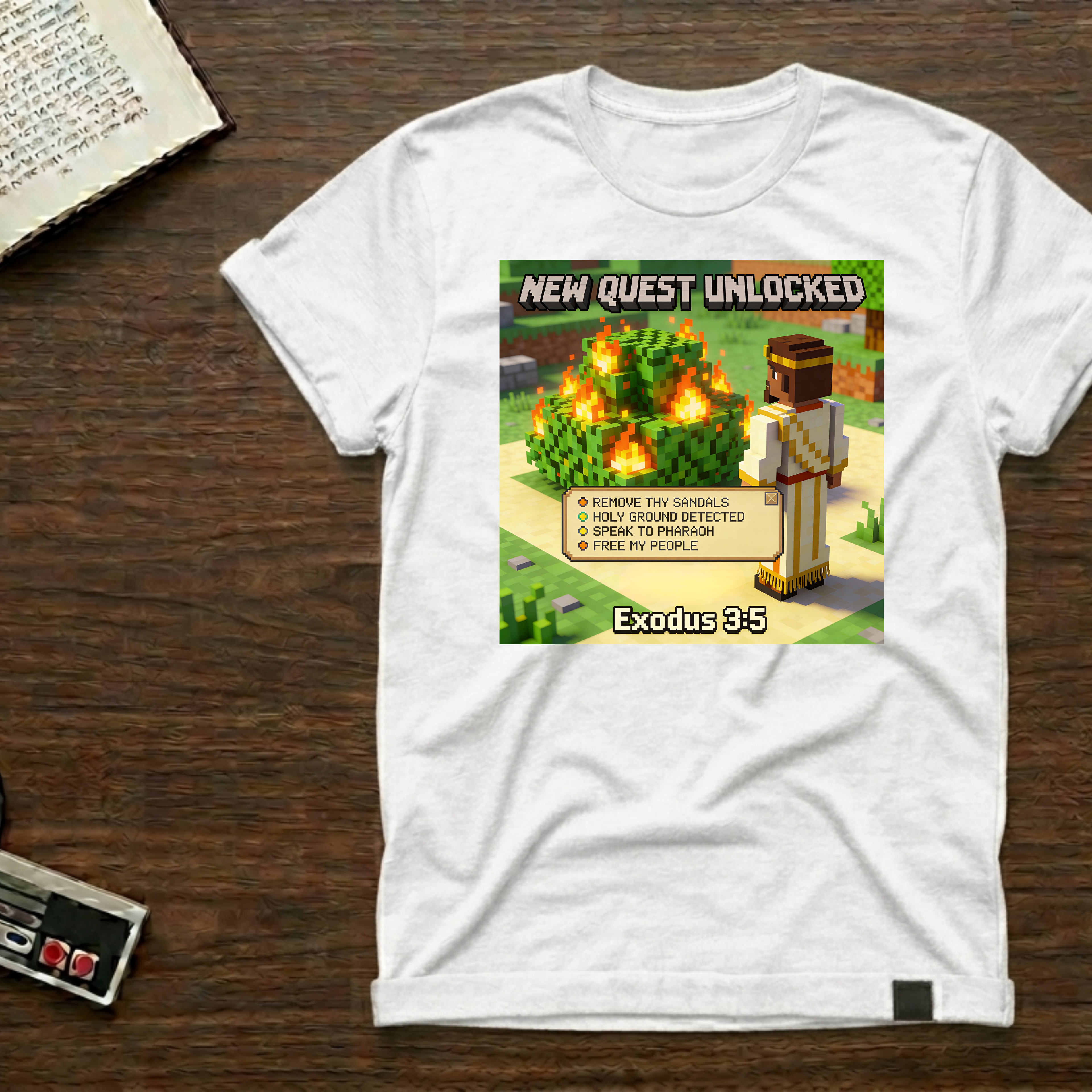 Minecraft-Inspired 'New Quest Unlocked' T-Shirt — Exodus 3:5 Bible Gaming Tee