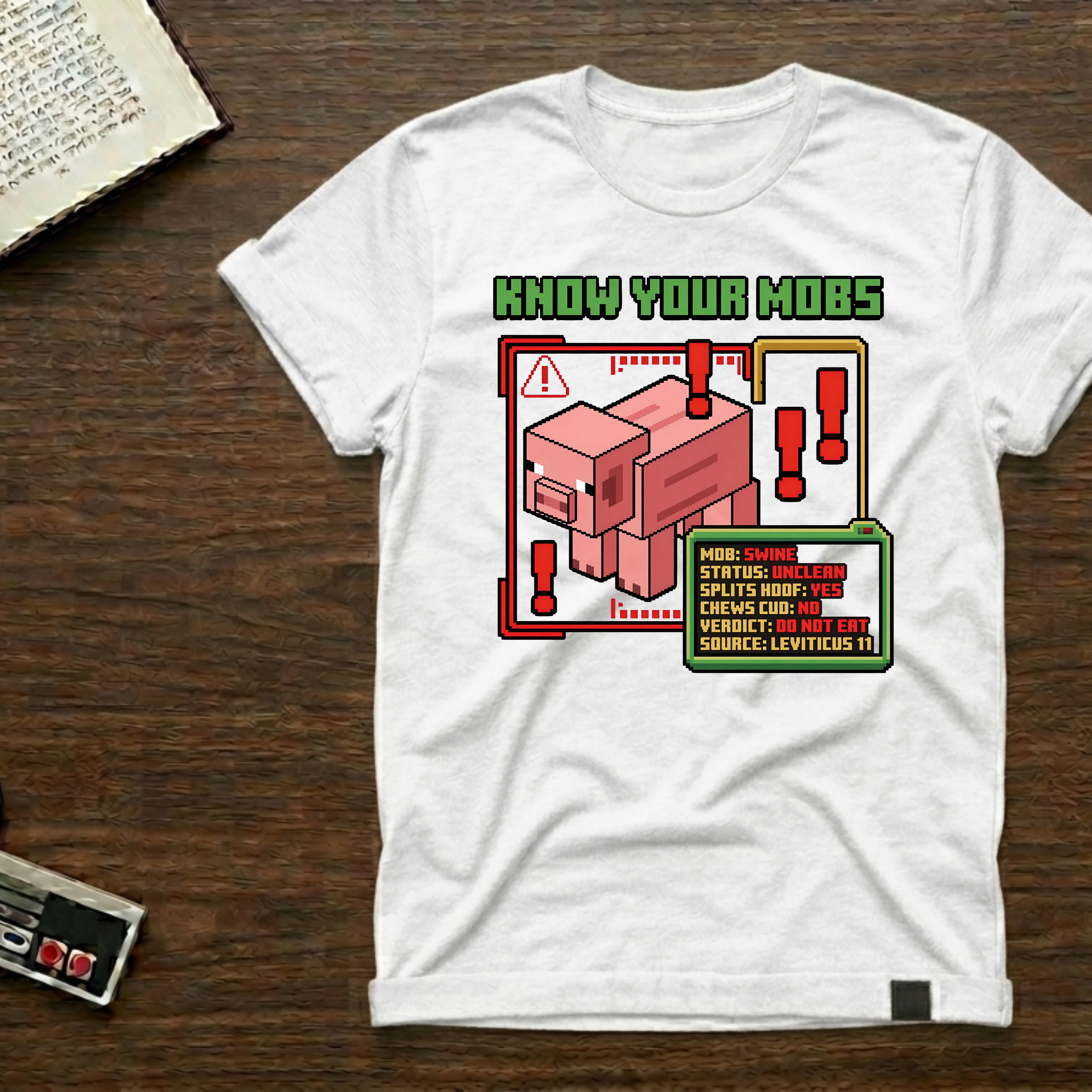 Know Your Mobs T-Shirt — Leviticus 11 Pixel Game Pig Design