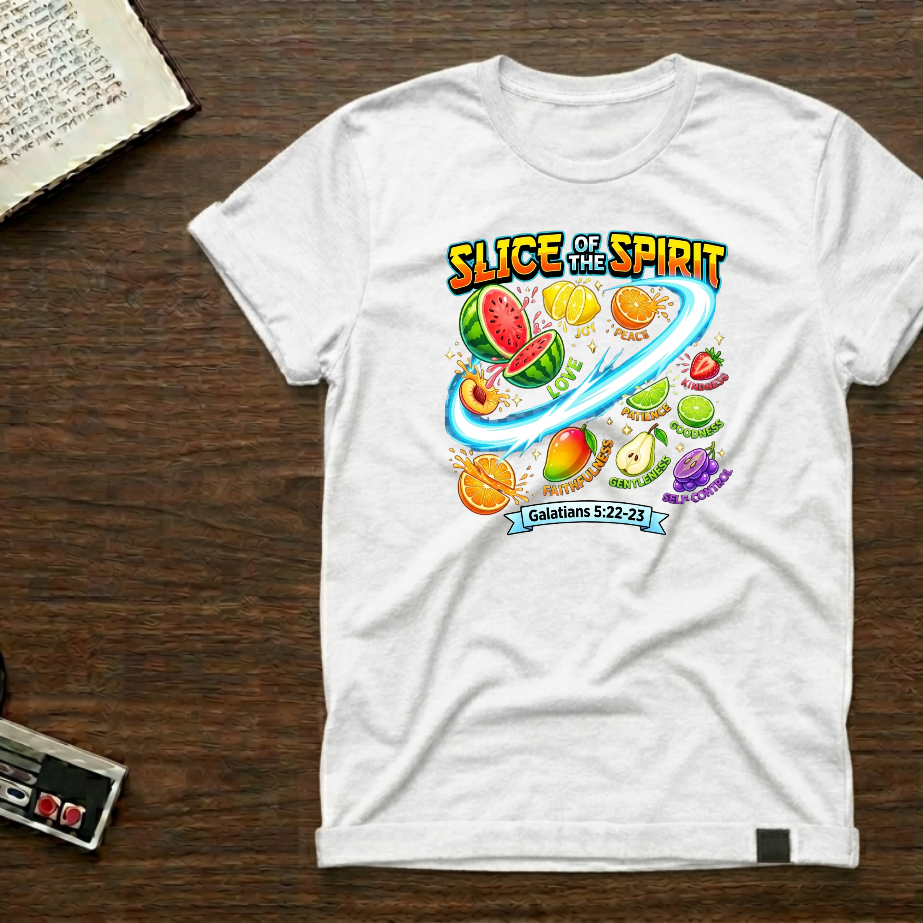 Slice of the Spirit T-Shirt — Colorful Fruit Faith Graphic Tee (Galatians 5:22-23)